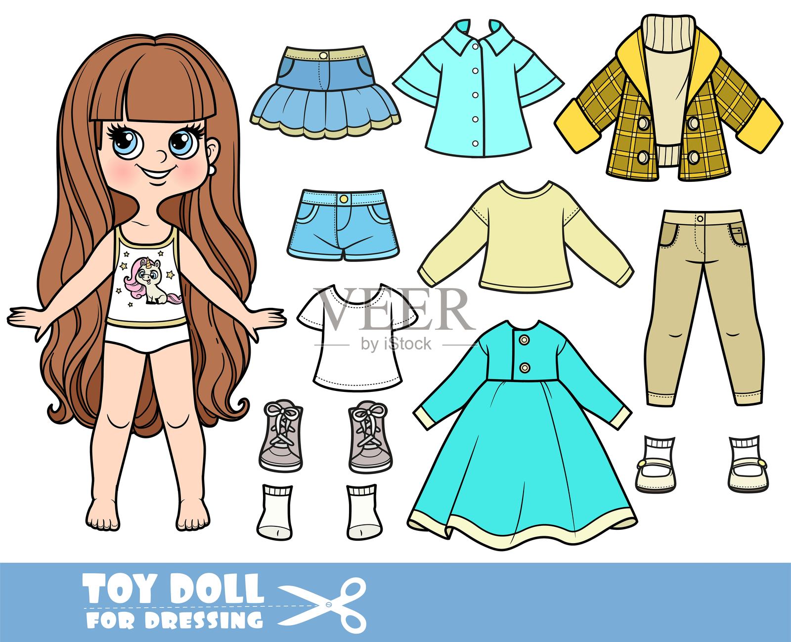卡通长发棕发女孩和单独的衣物 - 连衣裙、长袖衬衫、短外套配毛衣、牛仔裤和运动鞋的穿衣娃娃插画图片素材