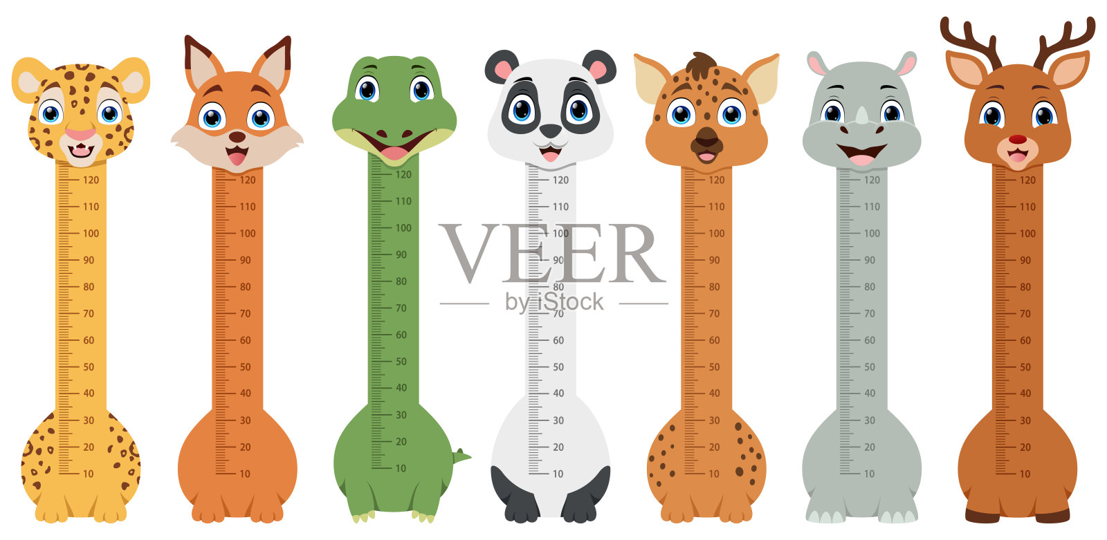 可爱的动物卡通身高尺，包含豹子、狐狸、鳄鱼、熊猫、土狼、犀牛和鹿插画图片素材