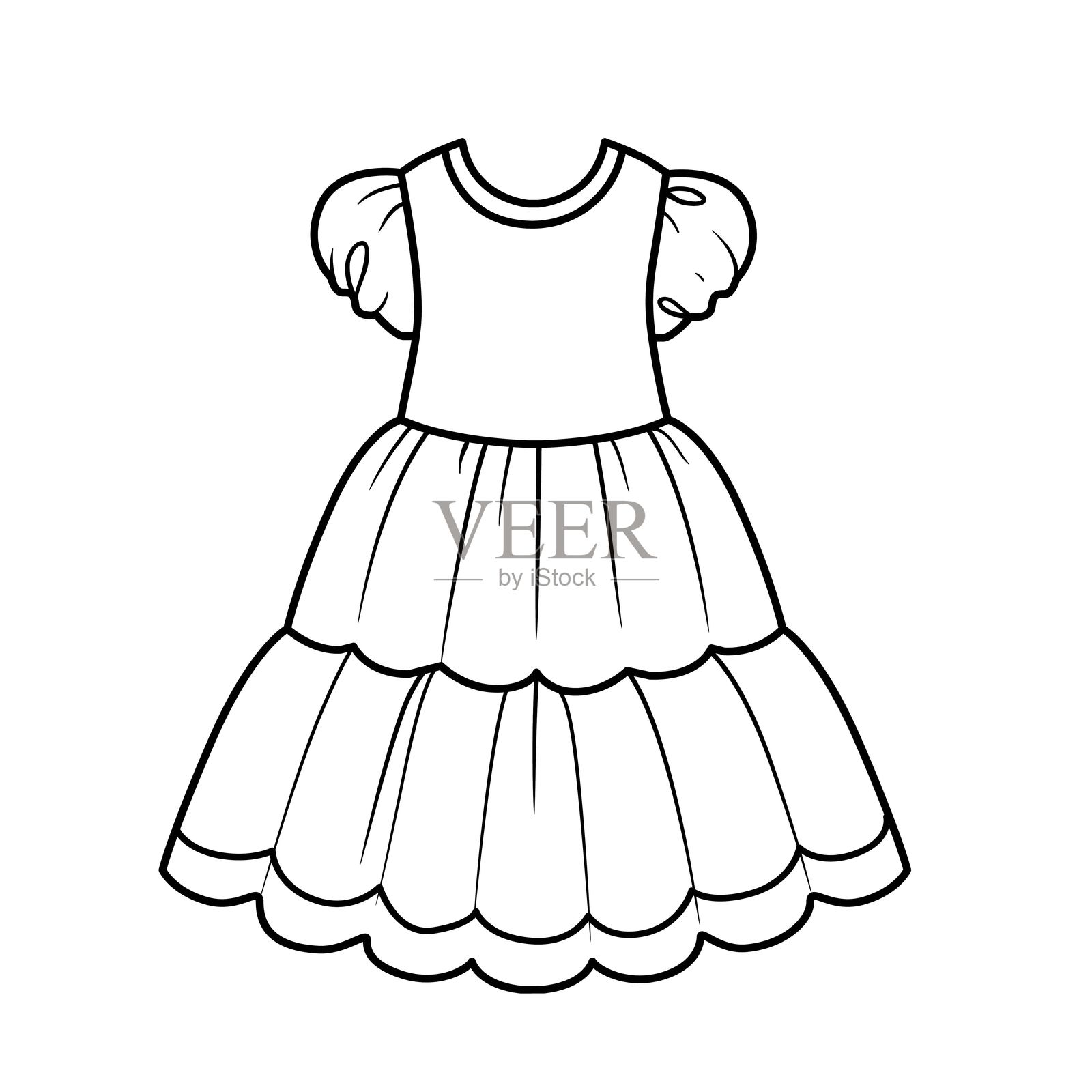 丰盈的夏季连衣裙，带有双层裙摆轮廓，适合在白色背景上着色插画图片素材