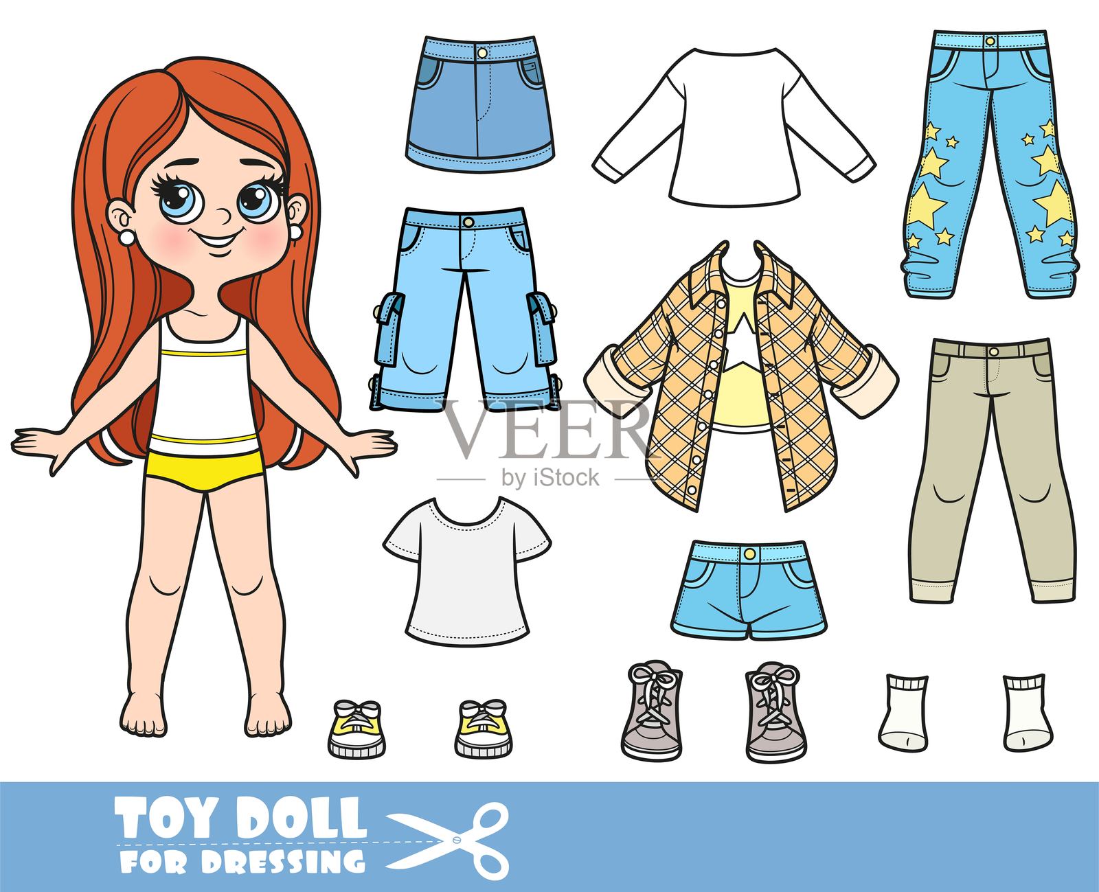 卡通棕发长发女孩与单独的衣物 - 长袖衬衫、短裤、牛仔裤和运动鞋娃娃供穿搭使用插画图片素材