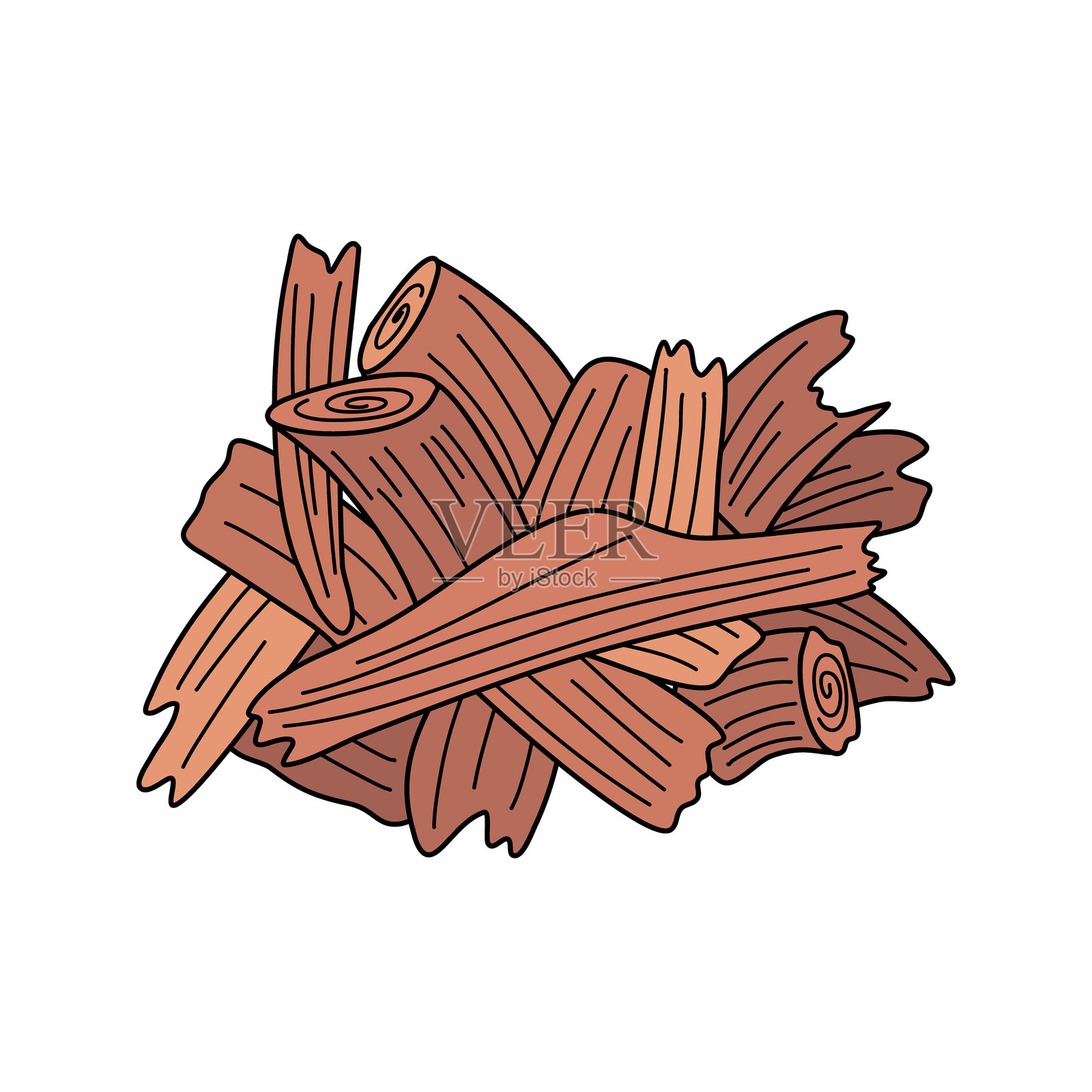 木质燃料颗粒。天然环保可再生有机生物燃料，关爱环境。花园中的覆盖物。来自木质生物质的替代能源。手绘矢量插图。插画图片素材