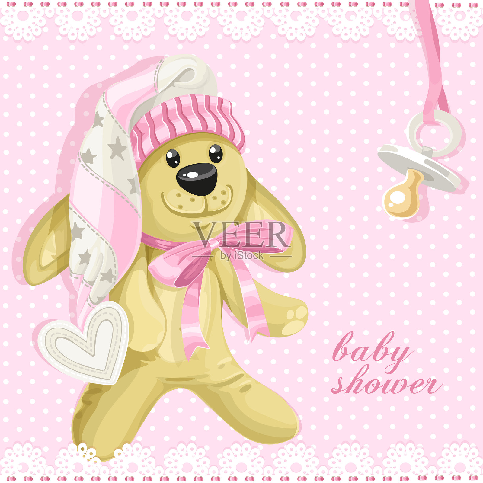 婴儿洗礼卡，上面有粉色的软玩具兔子和婴儿安抚奶嘴插画图片素材