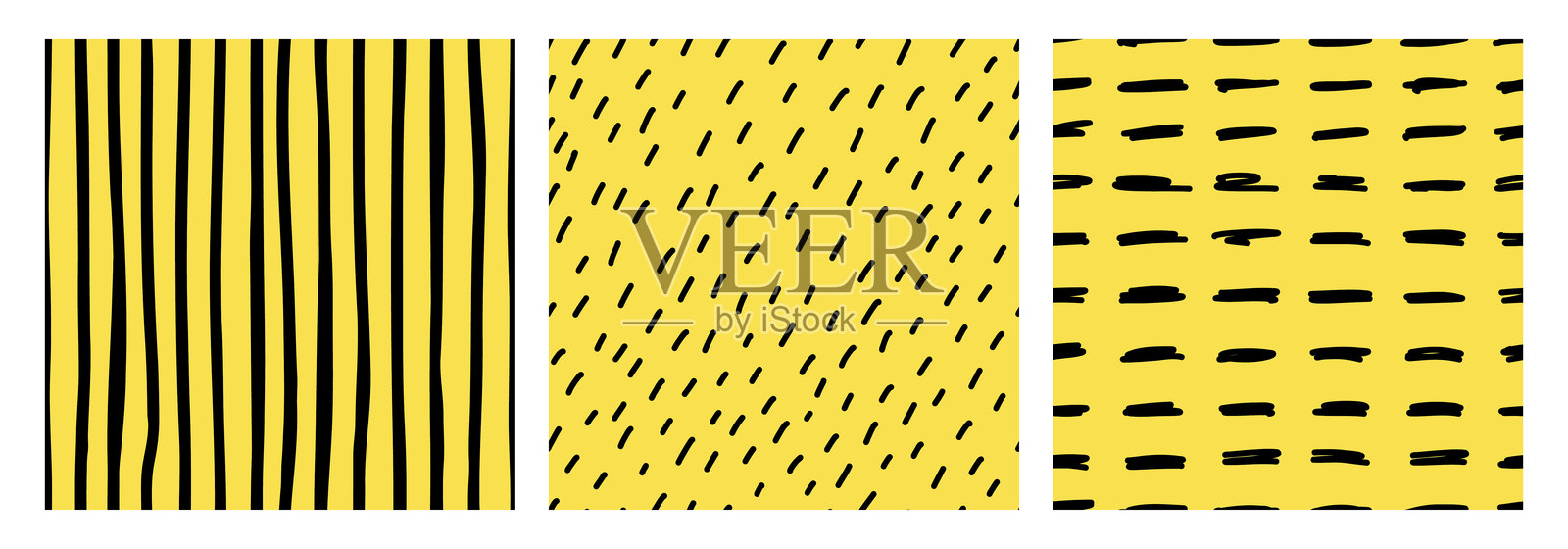 一组无缝手绘图案，包含黑色短划线、条纹和不规则线条，背景为黄色。非常适合纺织设计、包装纸、品牌推广和现代创意项目。插画图片素材