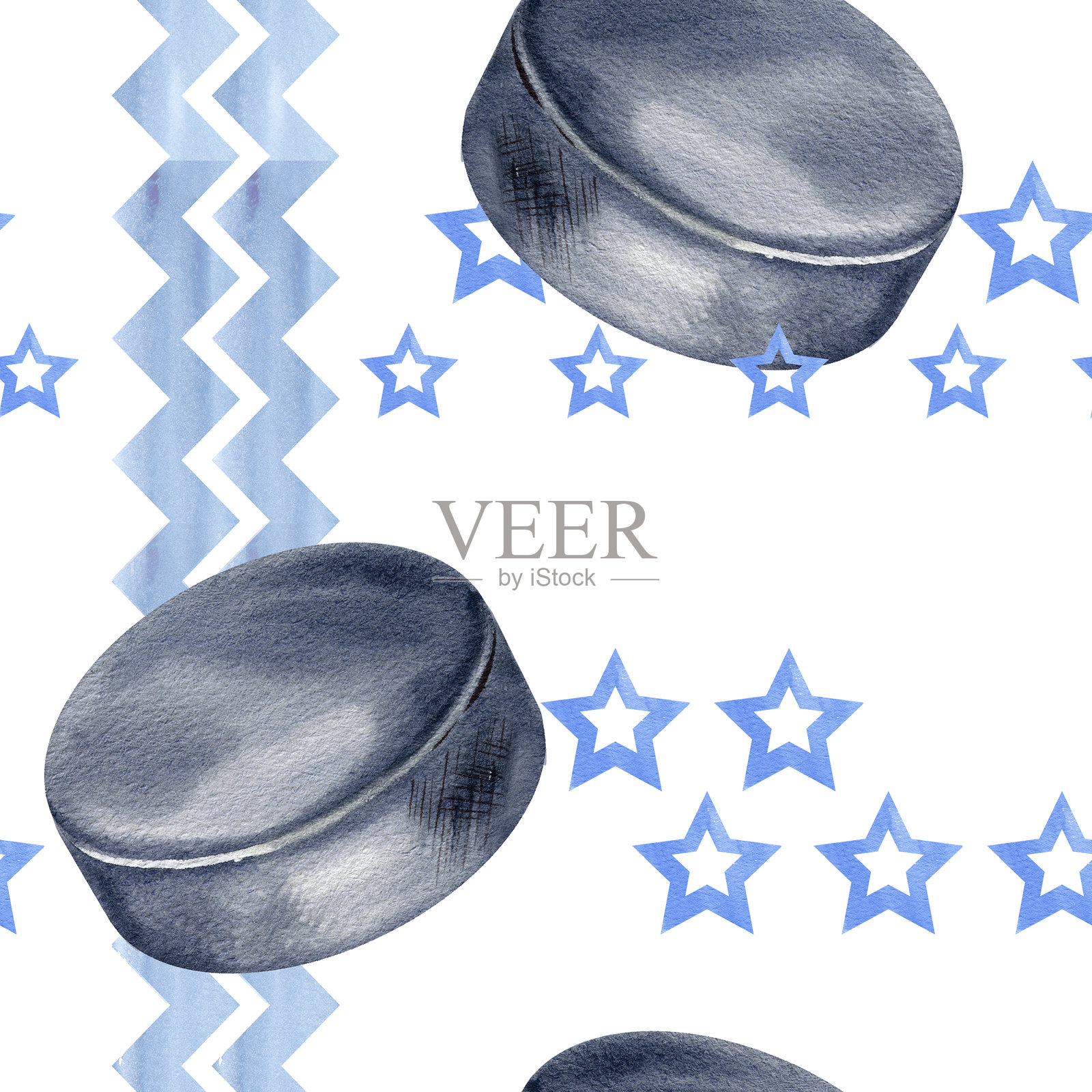 黑色冰球、纹理星星、锯齿形图案的无缝图案，白色背景上手绘的冰上运动主题水彩素描，冰球比赛的冰球装备插图插画图片素材