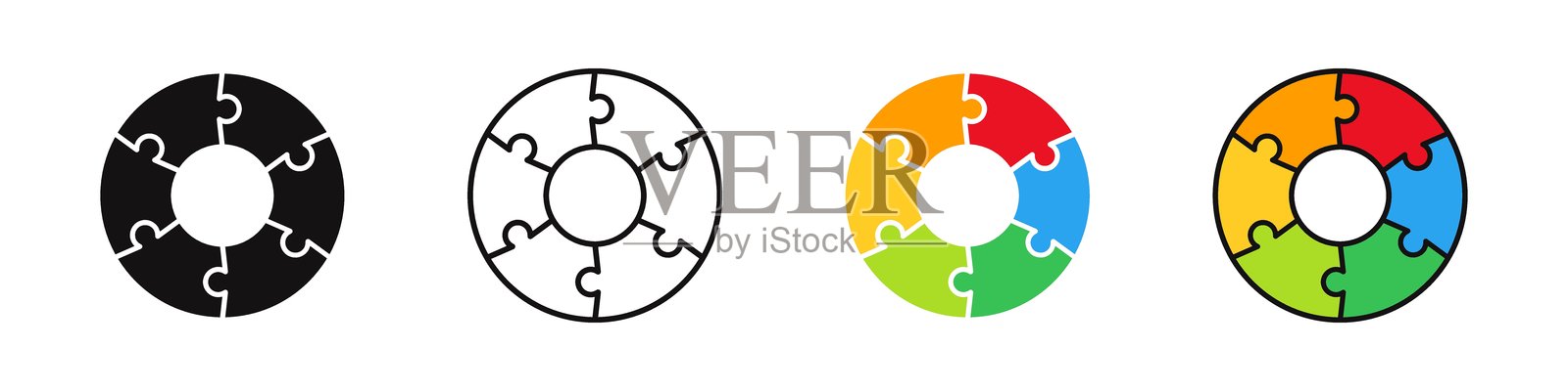 拼图集合。商业拼图圆形拼图块套装。拼图符号。矢量插图。插画图片素材