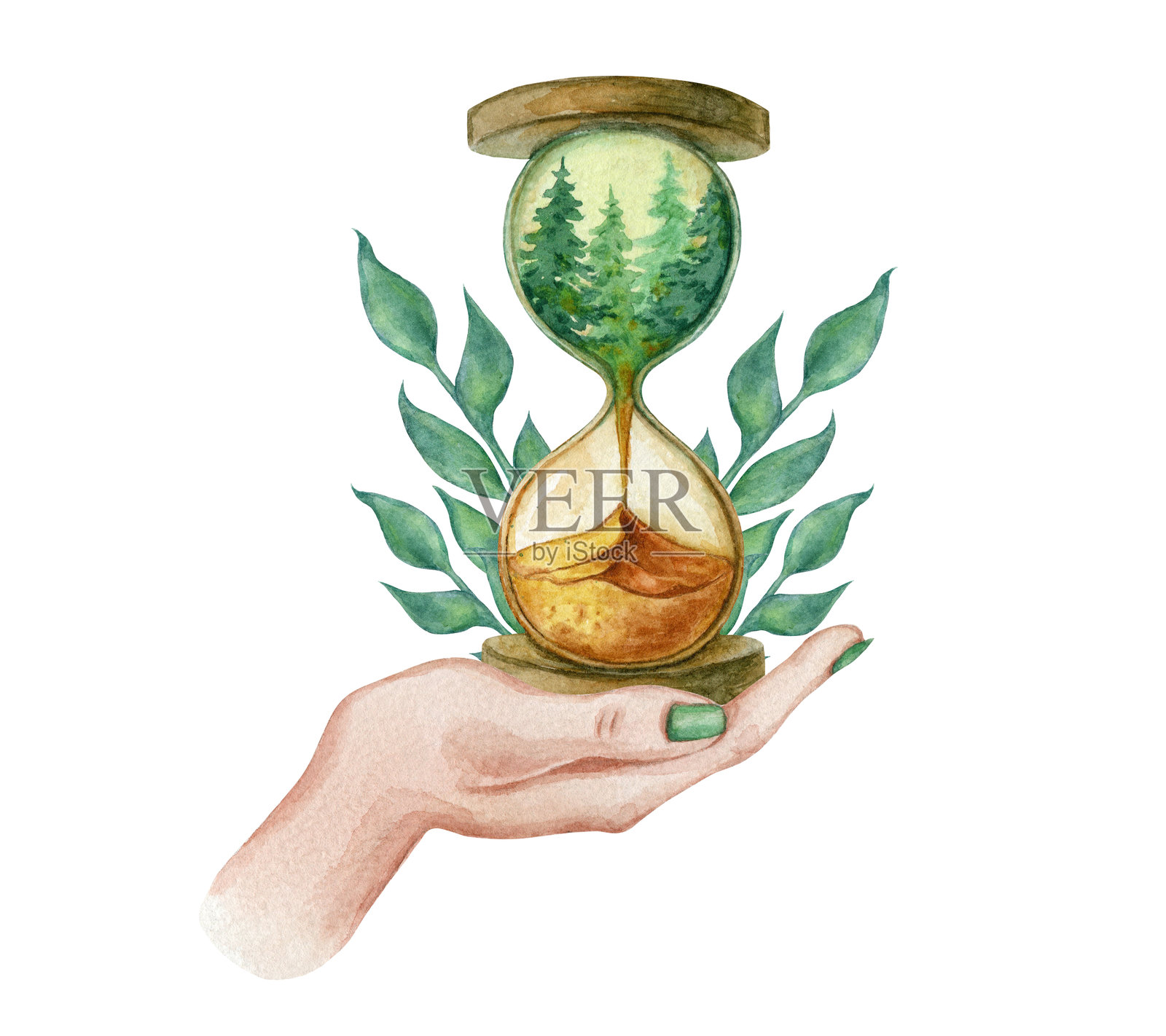水彩插图：一只女性手握着沙漏，象征着森林保护插画图片素材