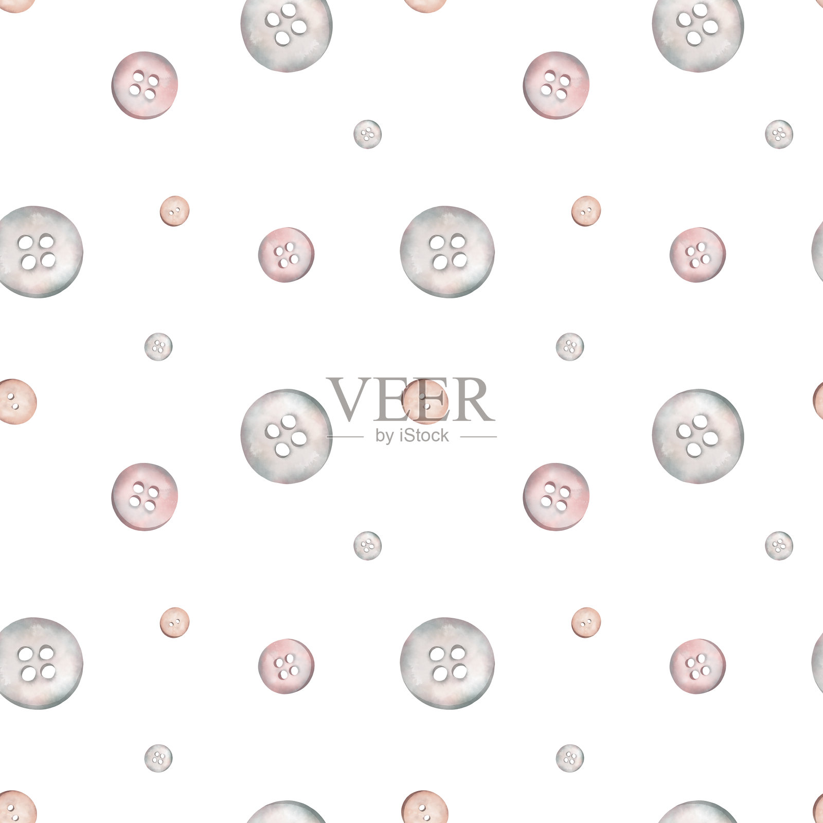 可爱的缝纫纽扣无缝图案。粉色、灰色和木质纽扣，水彩风格的缝纫配件。手绘插图适用于面料、纺织设计和手工艺项目。插画图片素材