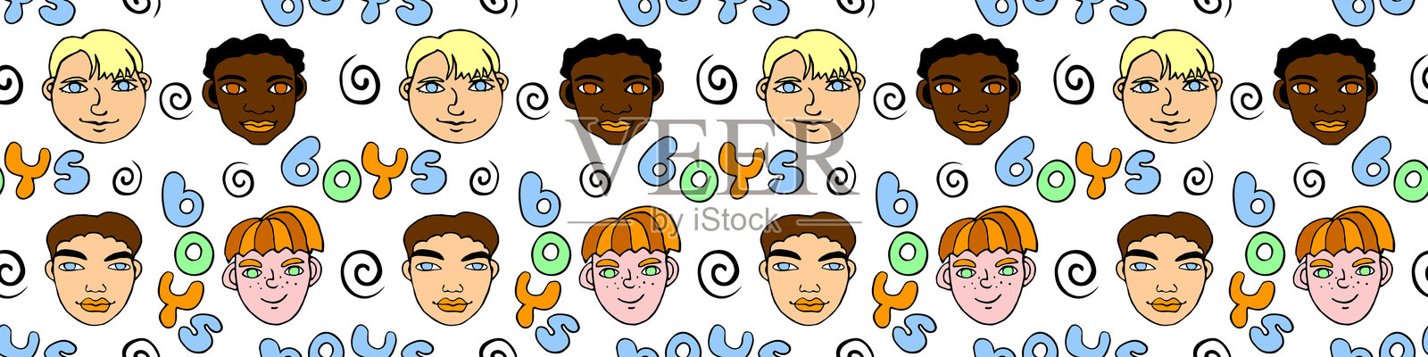 无缝图案，包含卡通男孩面孔和字母。手绘儿童头像。童趣纹理背景。插画图片素材