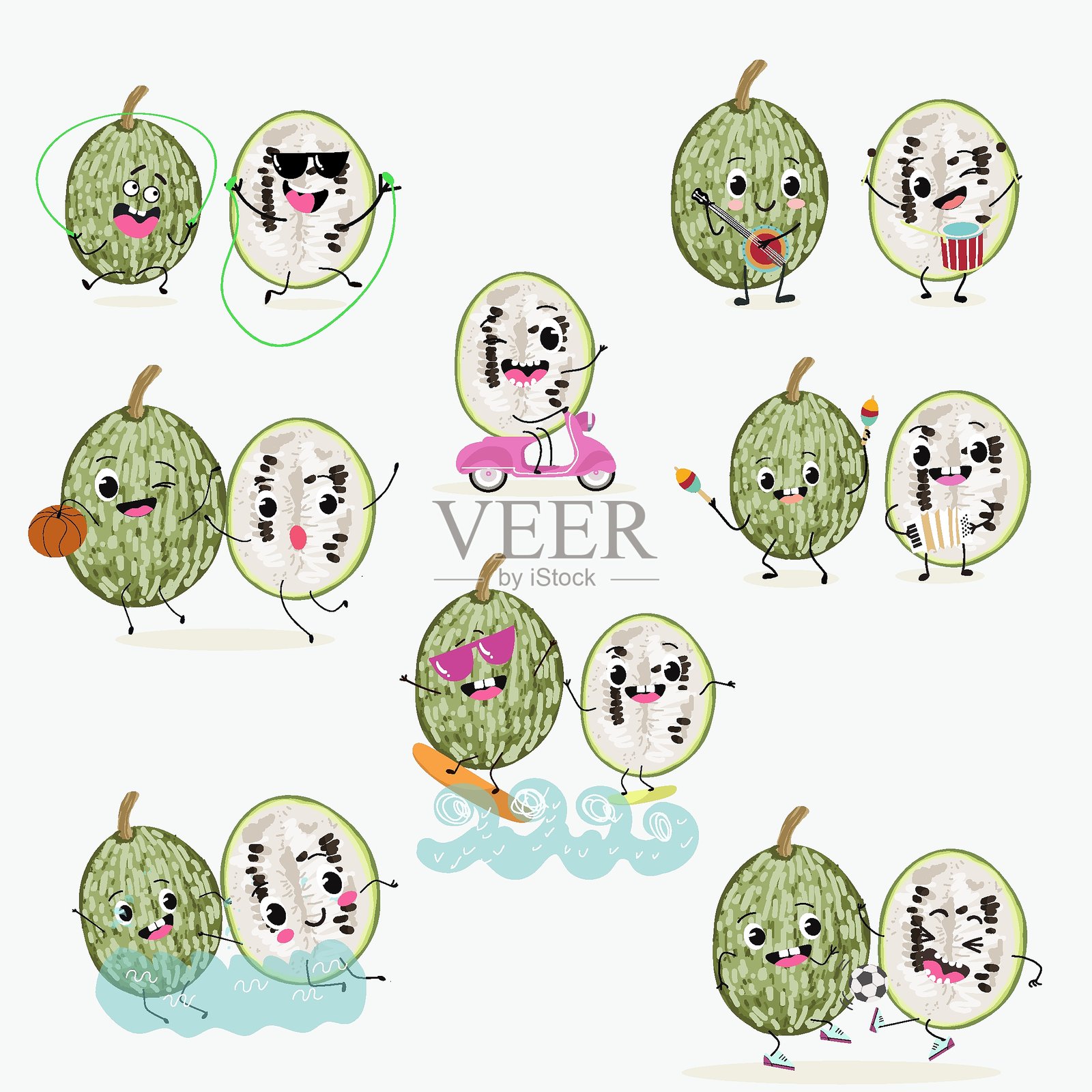 无花果叶南瓜（Cucurbita ficifolia），水果，蔬菜搞笑角色。矢量手绘插图。插画图片素材