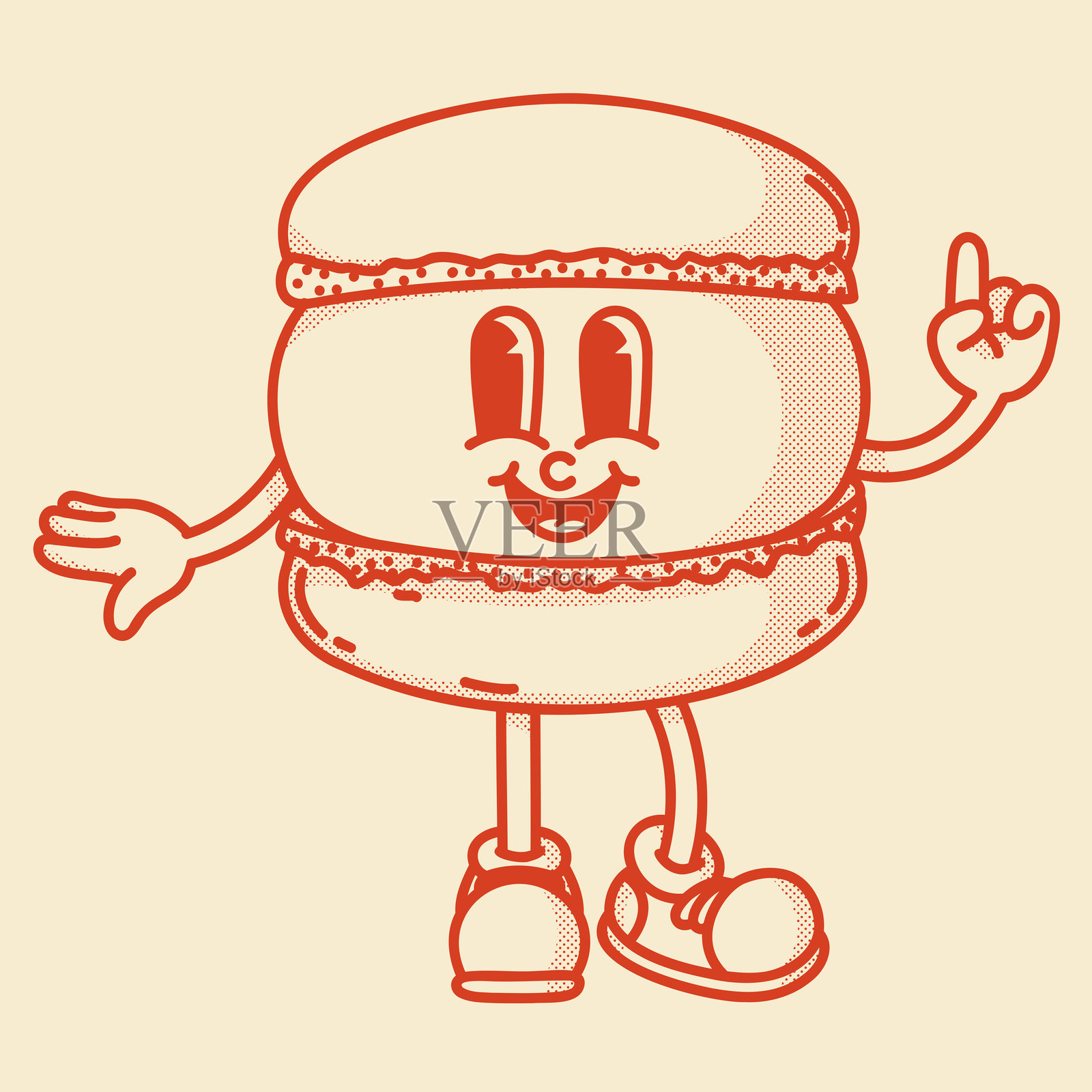 快乐的复古吉祥物，法式甜点马卡龙角色，微笑，竖起手指。菜单，自制烘焙标志插画图片素材