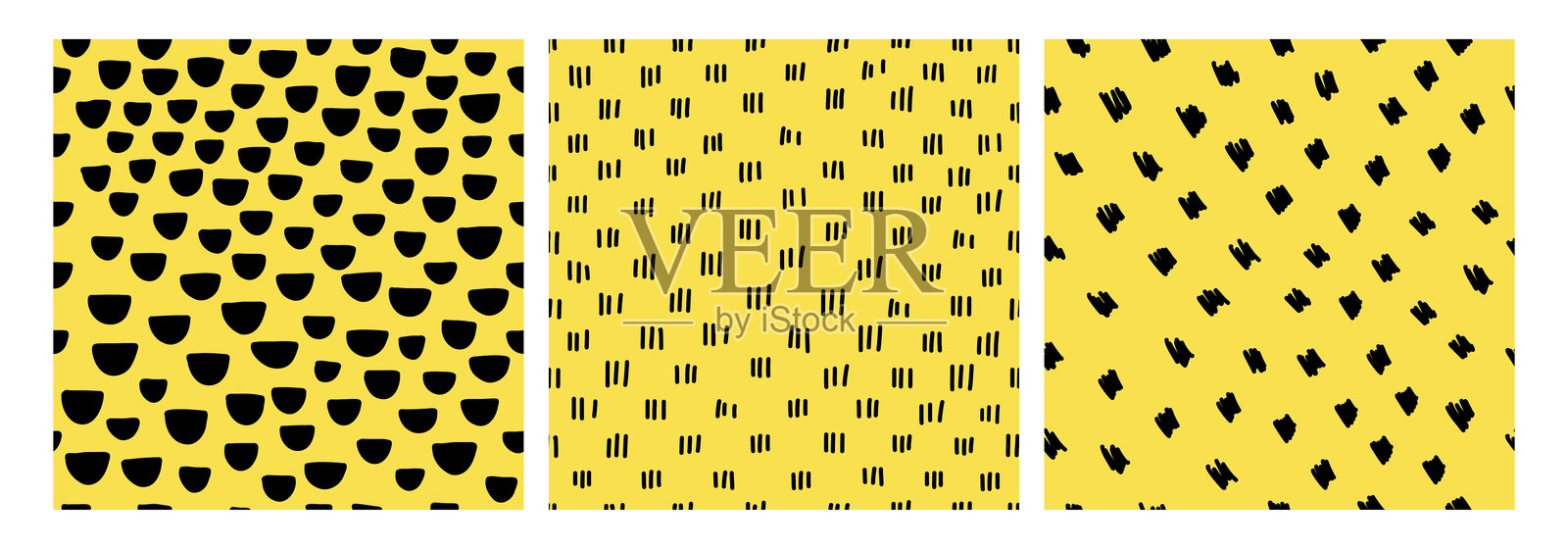 黑色几何图形在黄色背景上的抽象无缝图案。现代而富有趣味的孟菲斯风格设计。非常适合用于纺织品、壁纸、包装纸、数字背景和品牌推广。插画图片素材