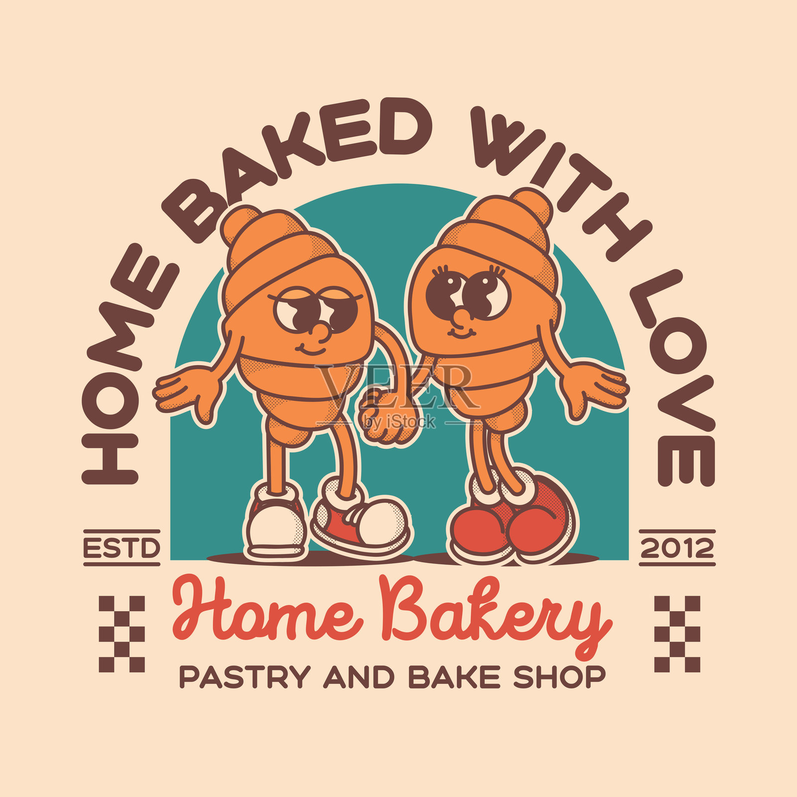 面包店招牌标志模板。复古可颂面包吉祥物用于促销横幅传单插画图片素材