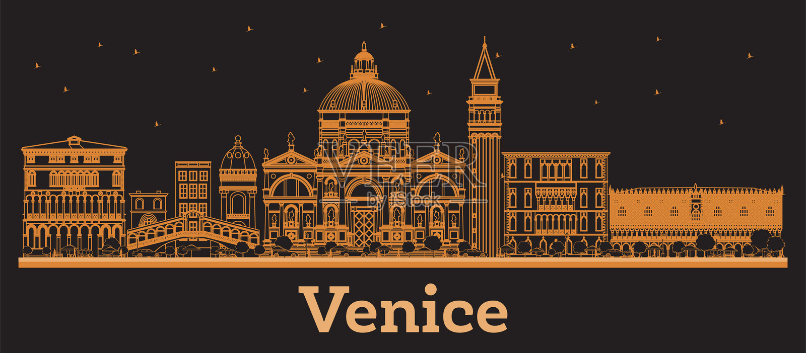 威尼斯意大利城市天际线，橙色建筑。商务旅行与现代建筑概念。威尼斯城市风景与地标。插画图片素材