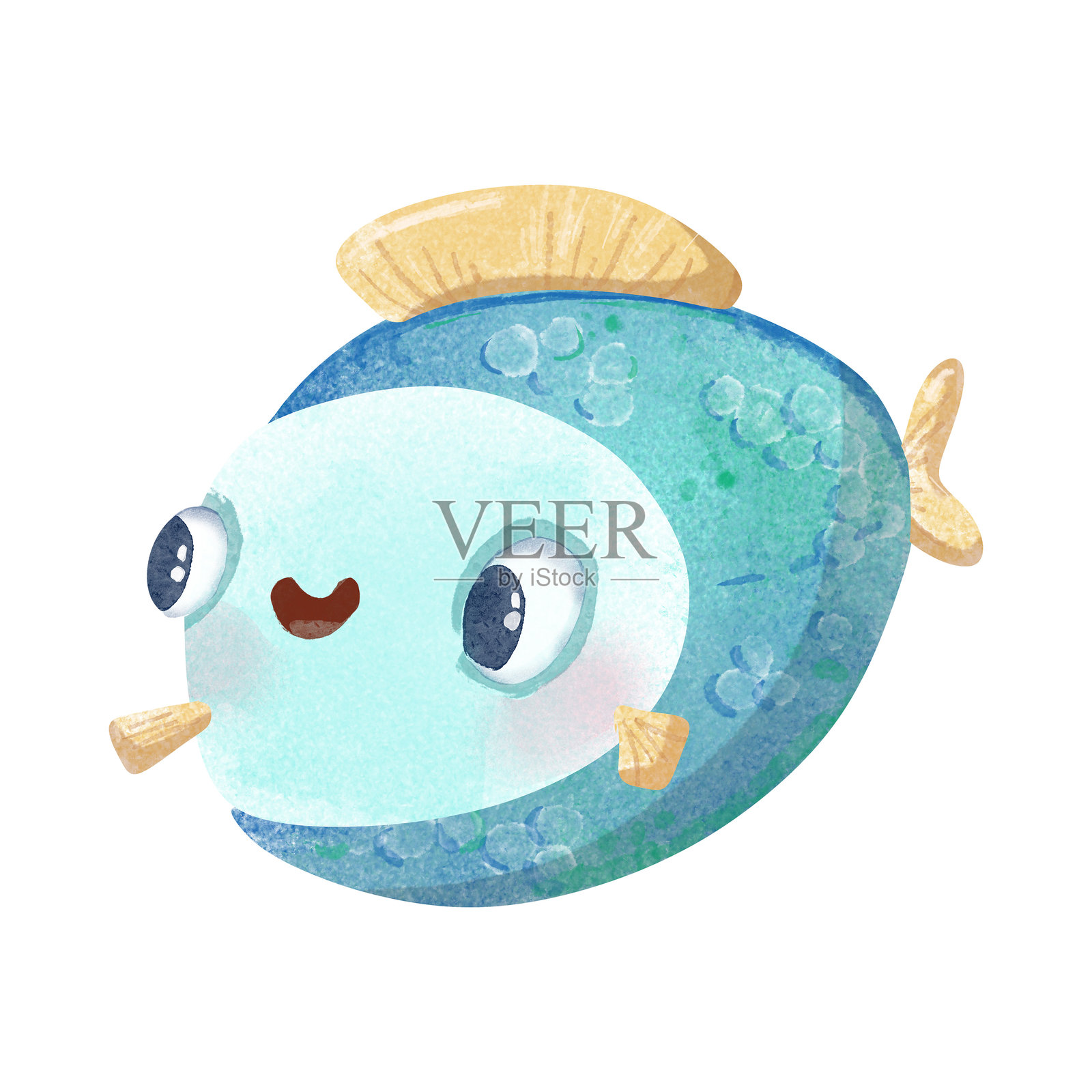 可爱的微笑鱼角色，带有鳍和眼睛。手绘数字水彩插图，儿童风格。非常适合儿童书籍、婴儿房装饰、印刷品和教育设计。插画图片素材