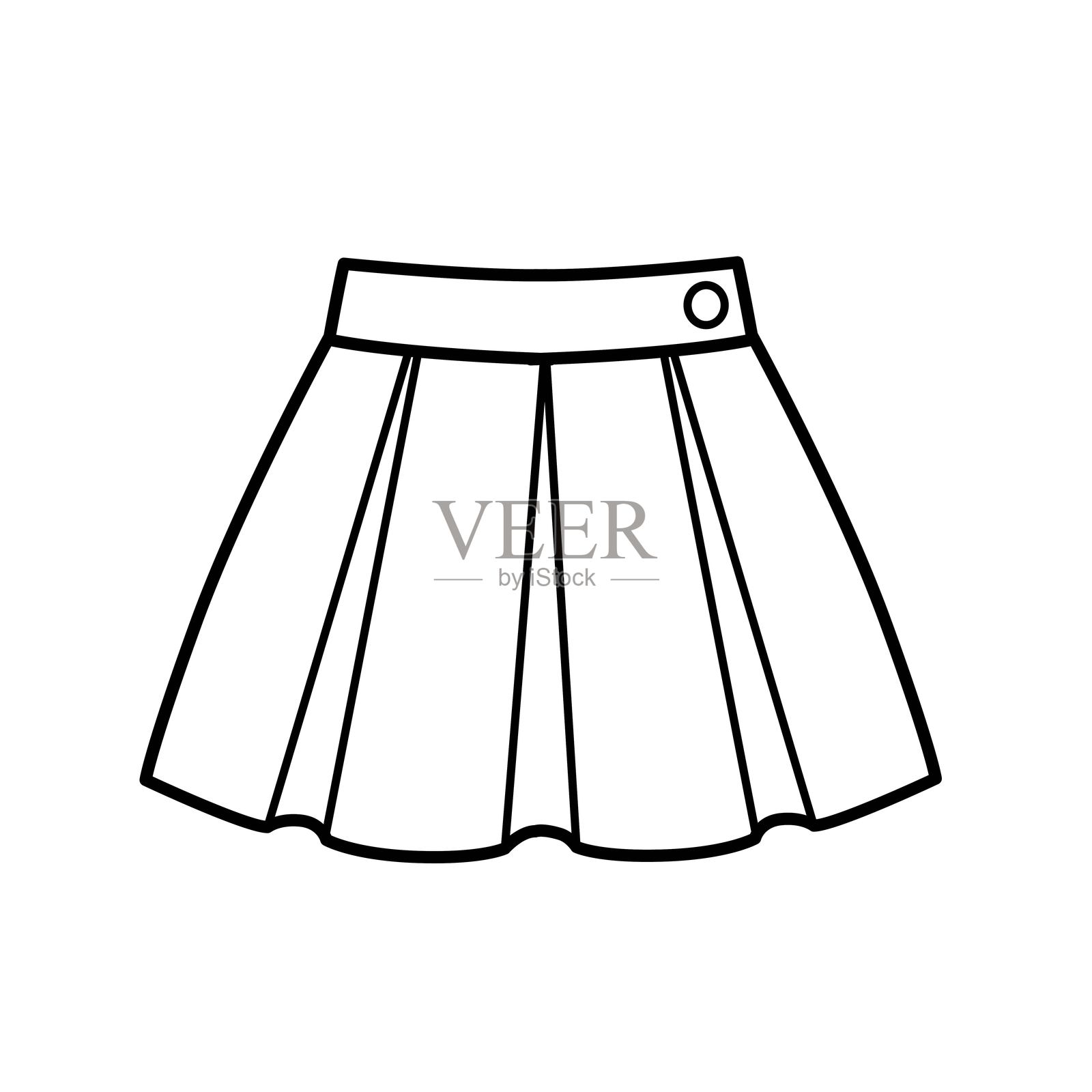 百褶校裙轮廓图，适合在白色背景上涂色插画图片素材