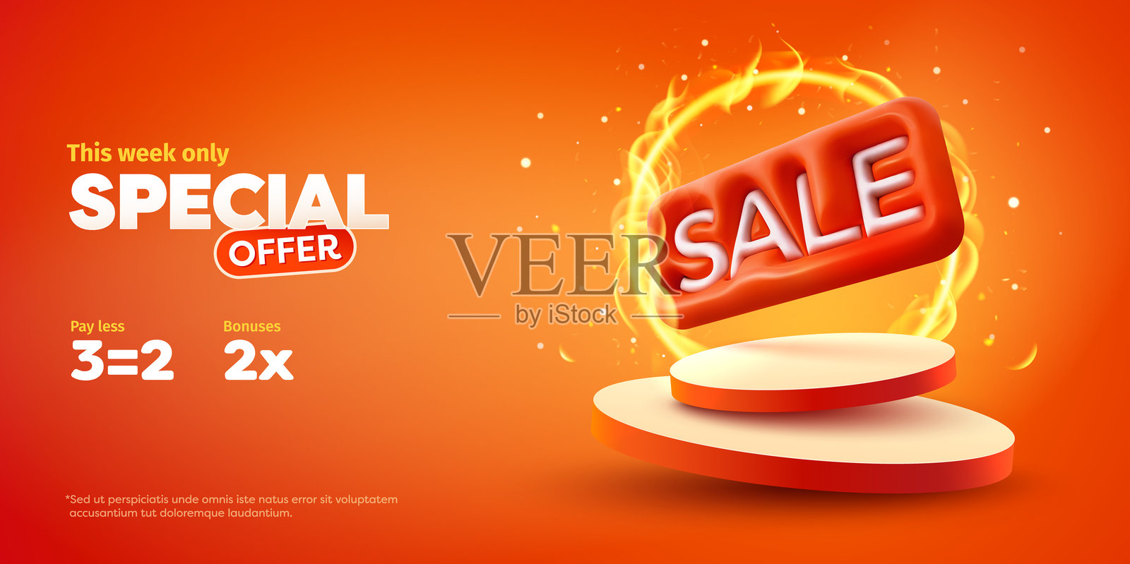 Hot summer deal with burning circle and podium on red background. Hot sale price offer, shopping promotion, special offer, online shopping template vector banner插画图片素材