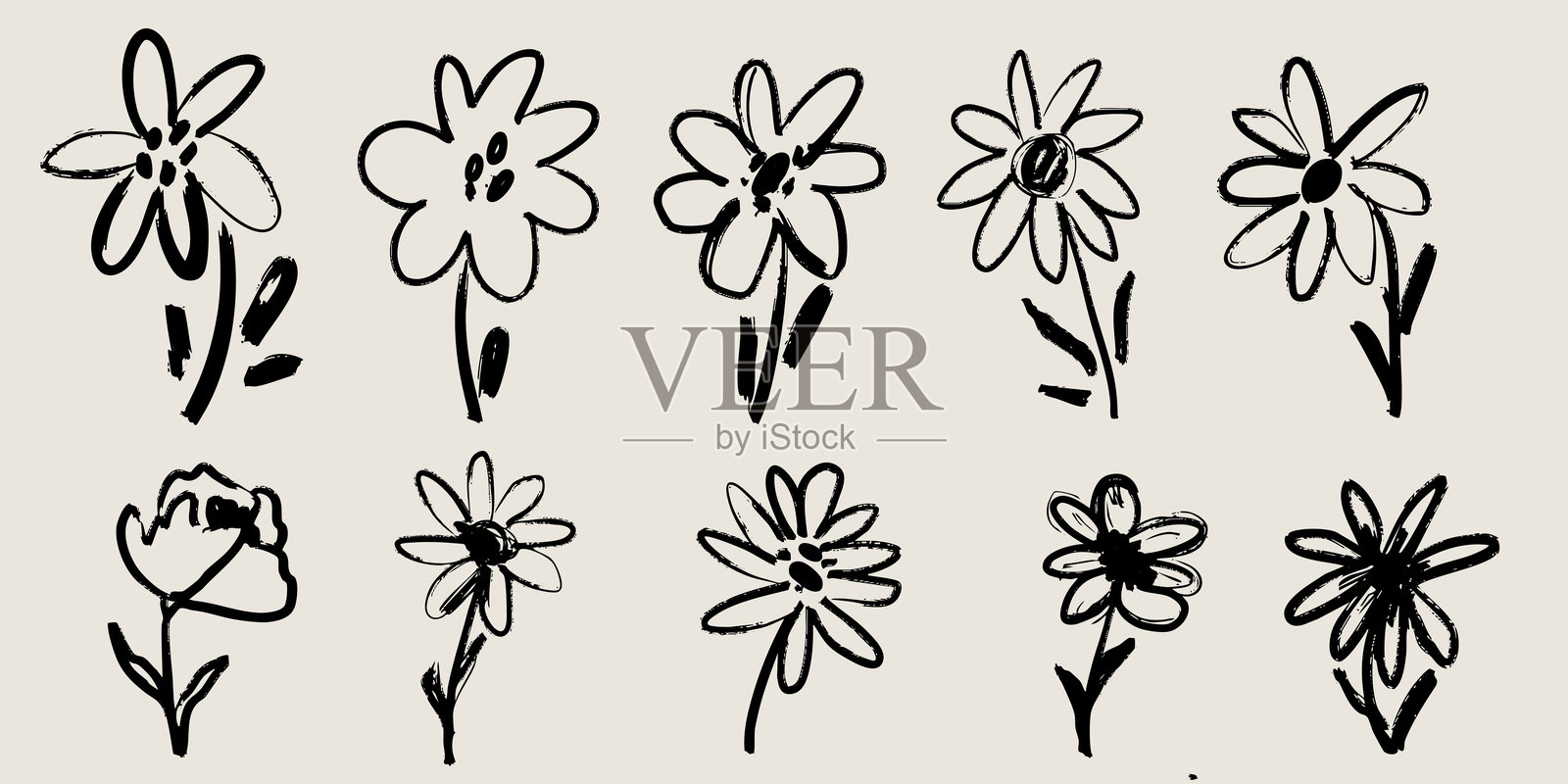 复古花卉墨水矢量素描排列，手绘简单涂鸦风格。粗糙的植物婚礼、派对装饰剪影合集。插画图片素材