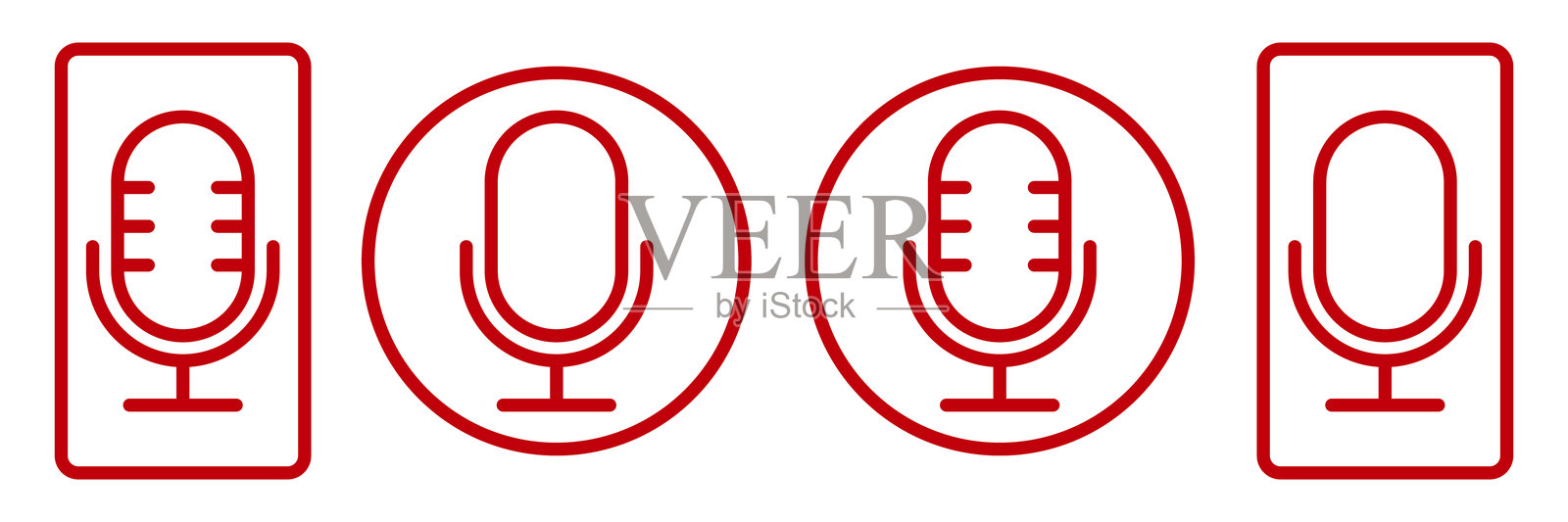 红色麦克风图标集。可编辑的线条。用于音频、播客、音乐、演讲和广播设计的语音录制符号。圆形和方形框架中的矢量轮廓麦克风，适用于应用程序和用户界面。插画图片素材
