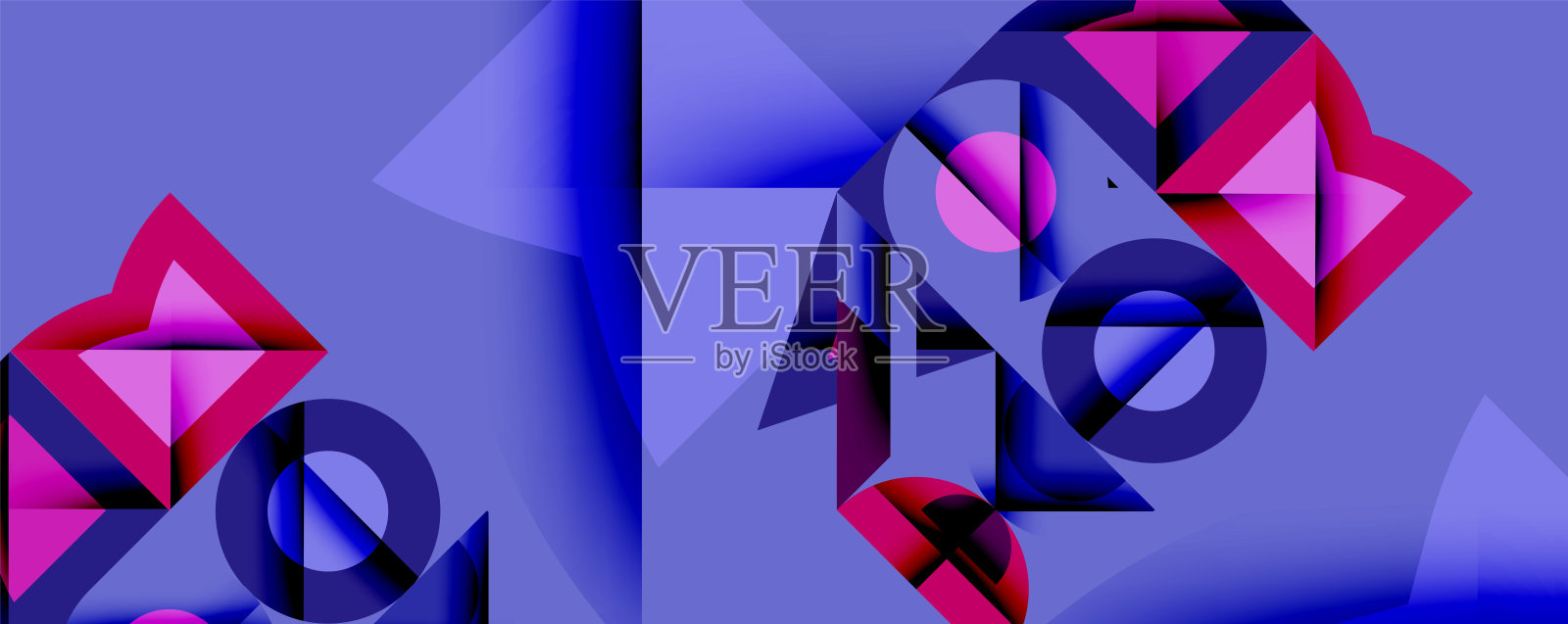 抽象几何构图。形状重叠，创造出动态视觉效果。紫色和蓝色主导设计。现代美学，线条简洁。插画图片素材