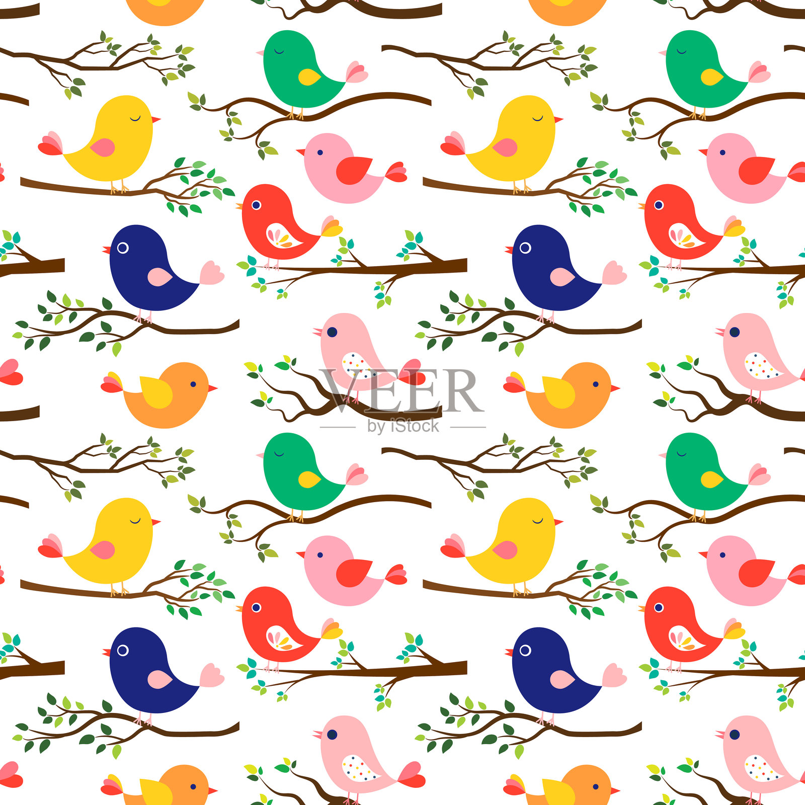 可爱多彩的无缝矢量图案，包含鸟类和树枝，适用于儿童和婴儿的装饰和服装插画图片素材