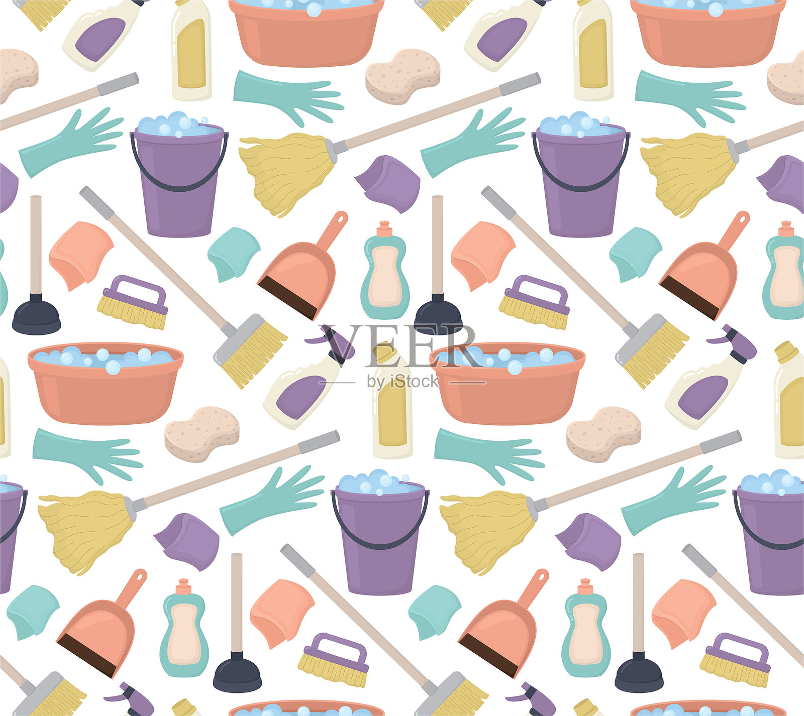 无缝背景，包含清洁用品和设备插画图片素材