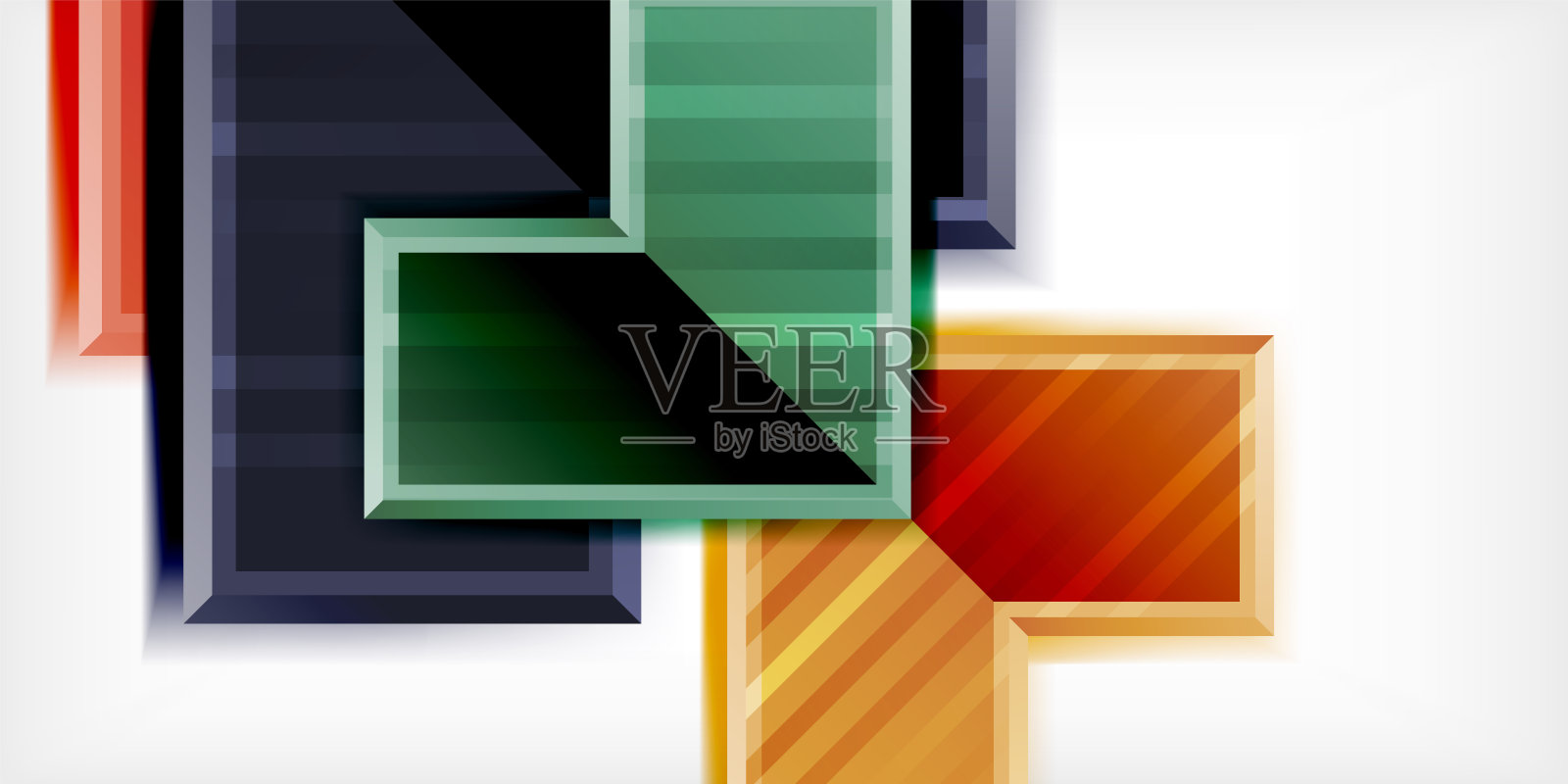 抽象几何构图。重叠的矩形创造出动态的视觉效果。颜色范围包括橙色、绿色、蓝色和黑色。极简设计。插画图片素材