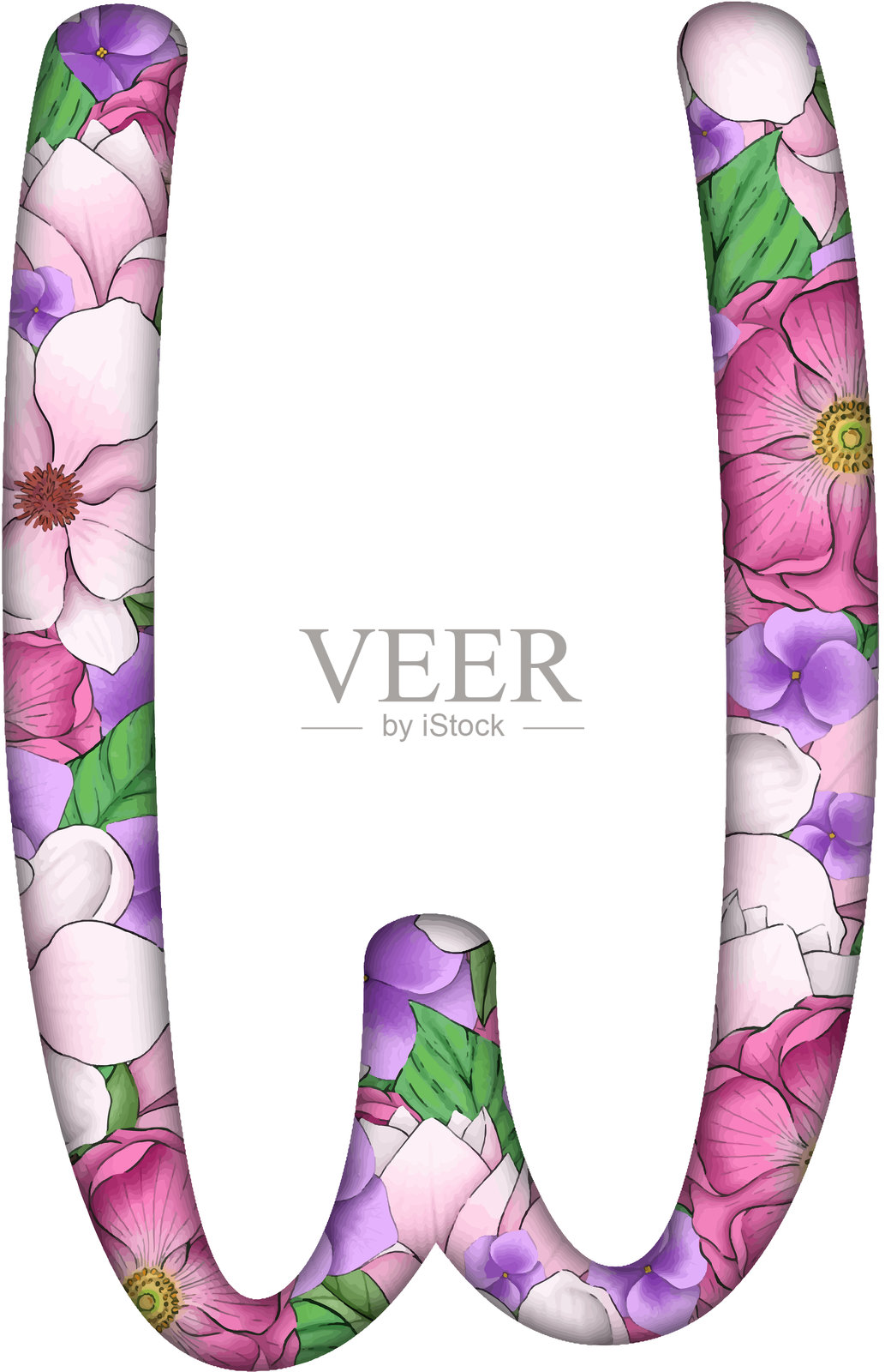 花卉字母矢量数字插图。用于装饰的字母。字母W插画图片素材