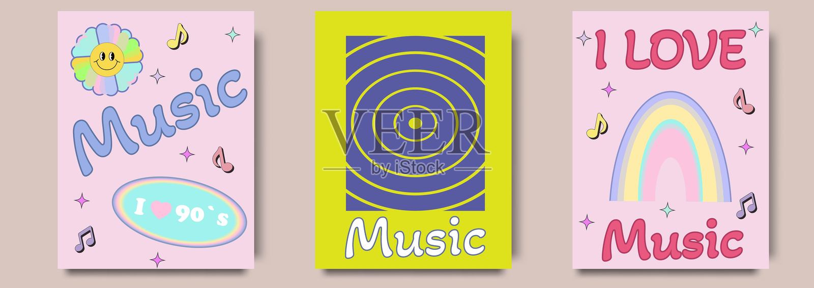 色彩缤纷的复古音乐海报，带有90年代风格的设计插画图片素材