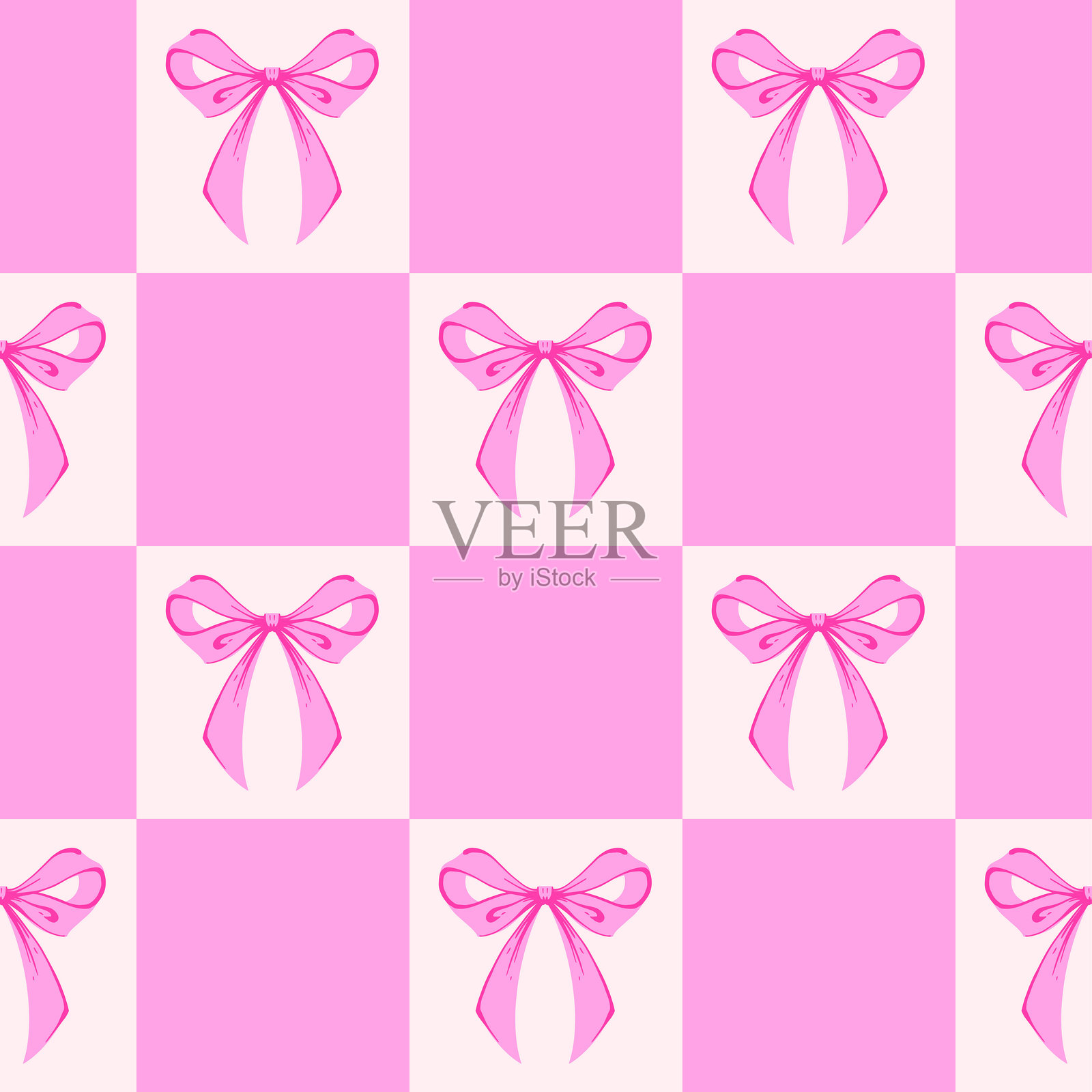 粉色格子无缝图案，配有丝带蝴蝶结。可爱、复古和浪漫的设计。适合女性项目、复古包装纸、纺织品和情人节的俏皮背景。插画图片素材
