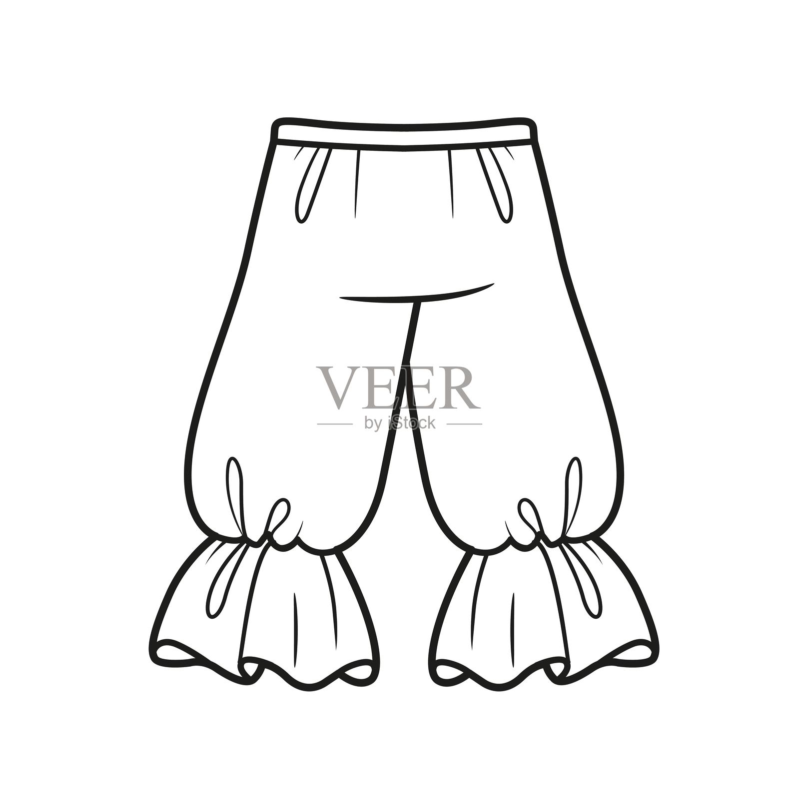 带有褶边的蓬松裤子轮廓，适合在白色背景上涂色的页面插画图片素材