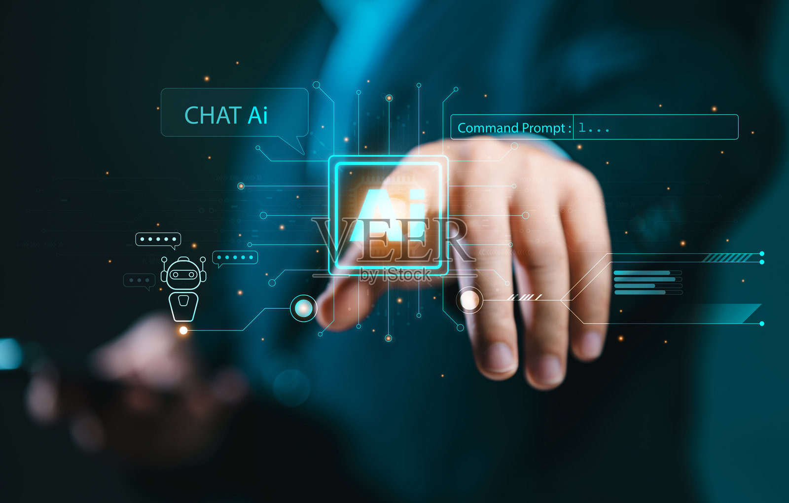 人类正在使用技术、智能机器人AI电路板，并输入命令提示符以生成某种东西：未来科技。商人与人工智能合作。照片摄影图片