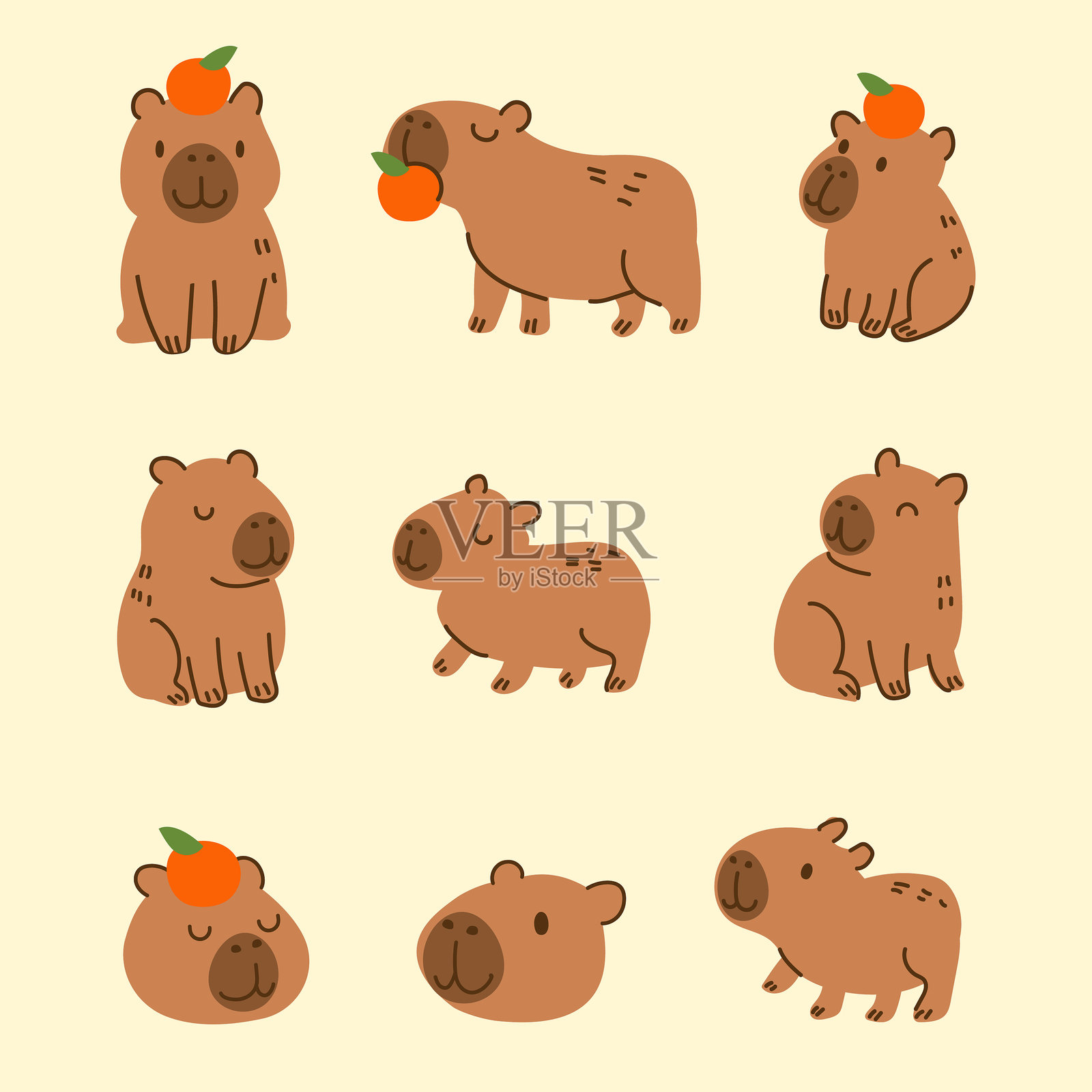 手绘可爱的卡通水豚与橙子组合插画图片素材