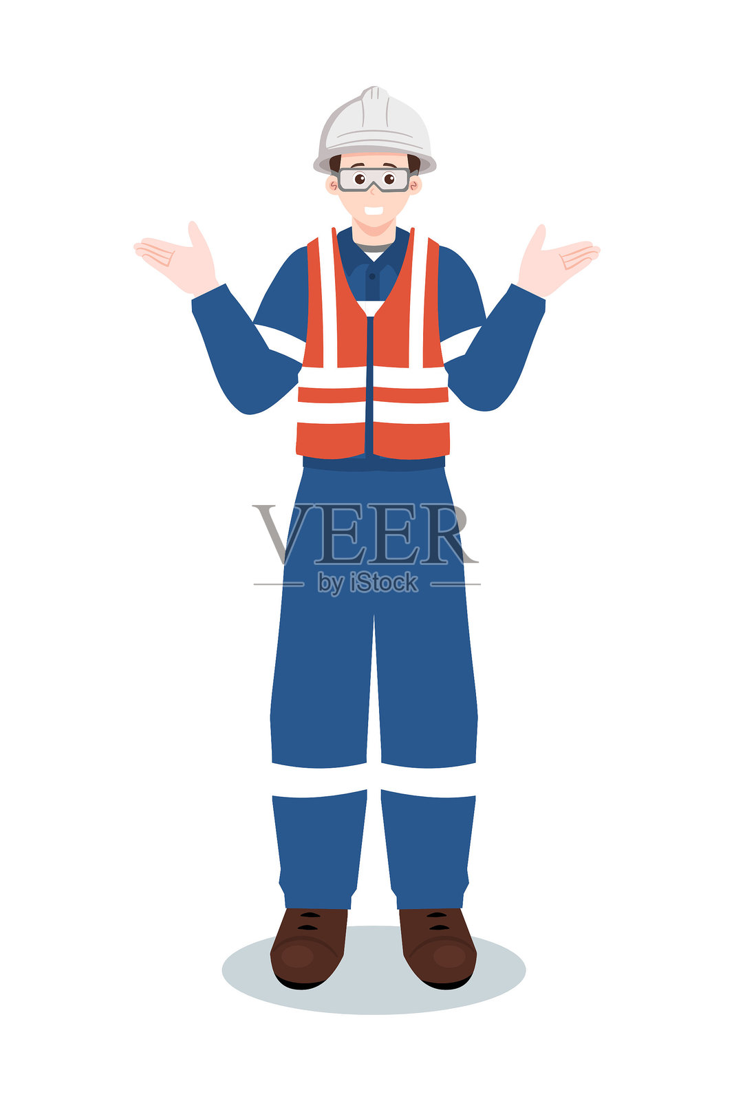 穿着安全背心和安全帽的工业工人或工程师，双手张开并耸肩。矢量插图，背景为白色。插画图片素材