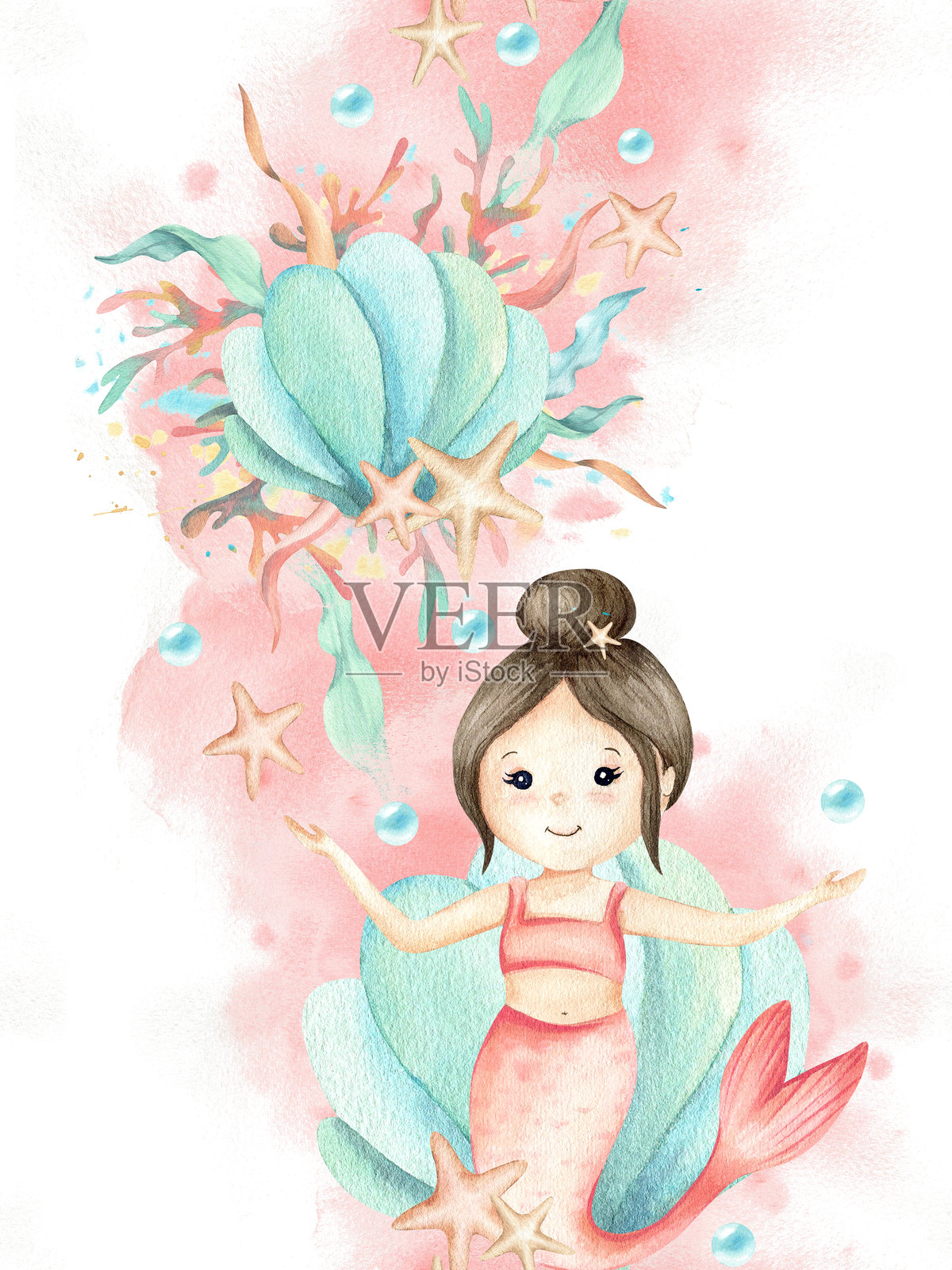 美人鱼小女孩，海螺，珊瑚在粉色水彩斑点上。可爱的水下角色无缝边框。儿童插图，带有海藻，适合儿童设计概念，背景独立。插画图片素材