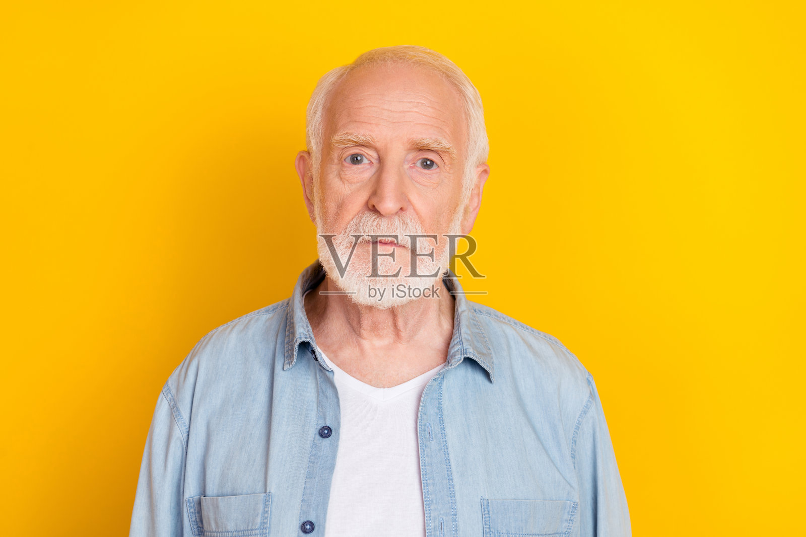 吸引人的严肃灰发男士穿着舒适的衬衫，背景为鲜艳的黄色。照片摄影图片