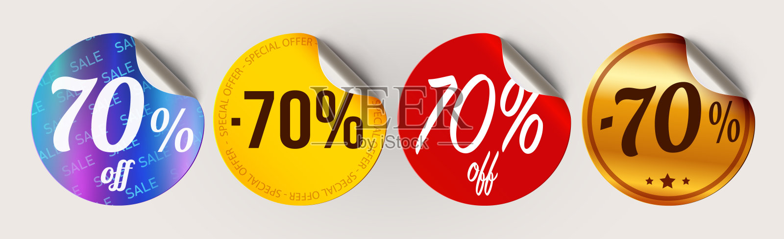 70%折扣标签套装。促销，特价，闪购。购物标签。白色背景上的卷曲贴纸。插画图片素材