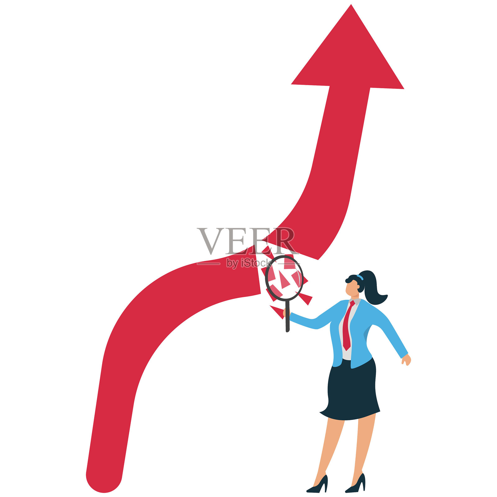 一位女商人手持放大镜检查一张破损的图表，体现了从错误中学习、自我发展、错误分析和永不放弃的主题。插画图片素材