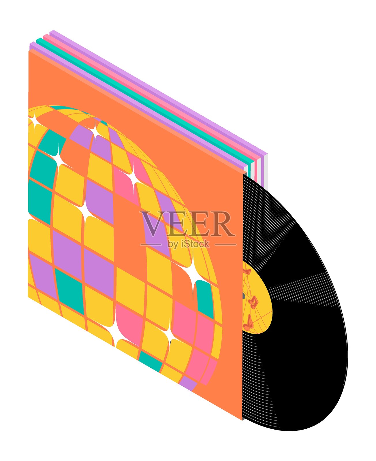 一组装在明亮纸板封面的音乐黑胶唱片。过时的音乐和音频文件存储介质。等距矢量图，孤立在白色背景上。插画图片素材