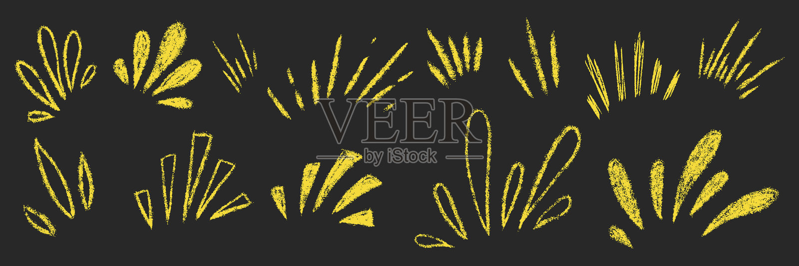 爆炸光线大集合。粉笔质感的儿童自由手绘星爆炸。蜡笔手绘的涂鸦闪光火花。铅笔装饰性强调感叹号集合。插图矢量图形独立展示。插画图片素材