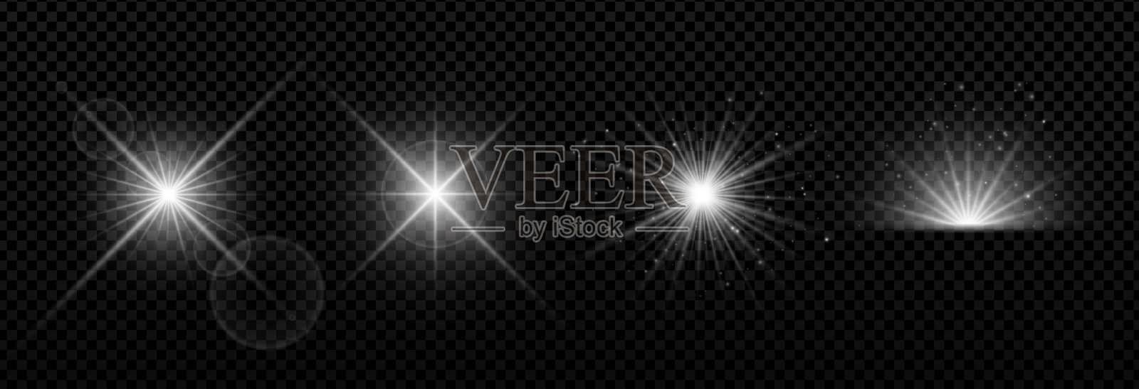 透明的阳光镜头光晕，带有闪光爆发、闪烁和放射状光线。在深色或渐变背景上明亮的抽象光效。适用于海报、天空或魔幻设计主题的矢量插图集。插画图片素材