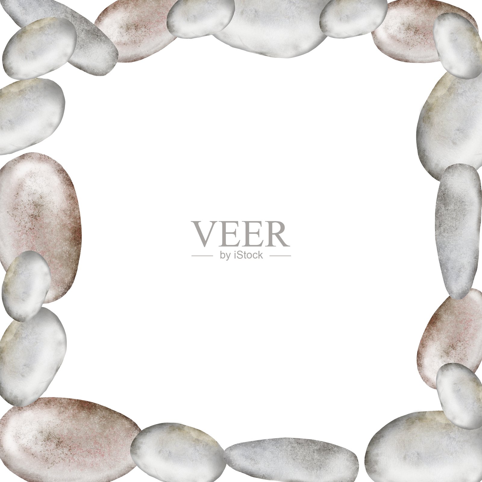 石头水彩框架。手绘海石在白色背景上。自然剪贴画。非常适合海报和水疗沙龙装饰。插画图片素材