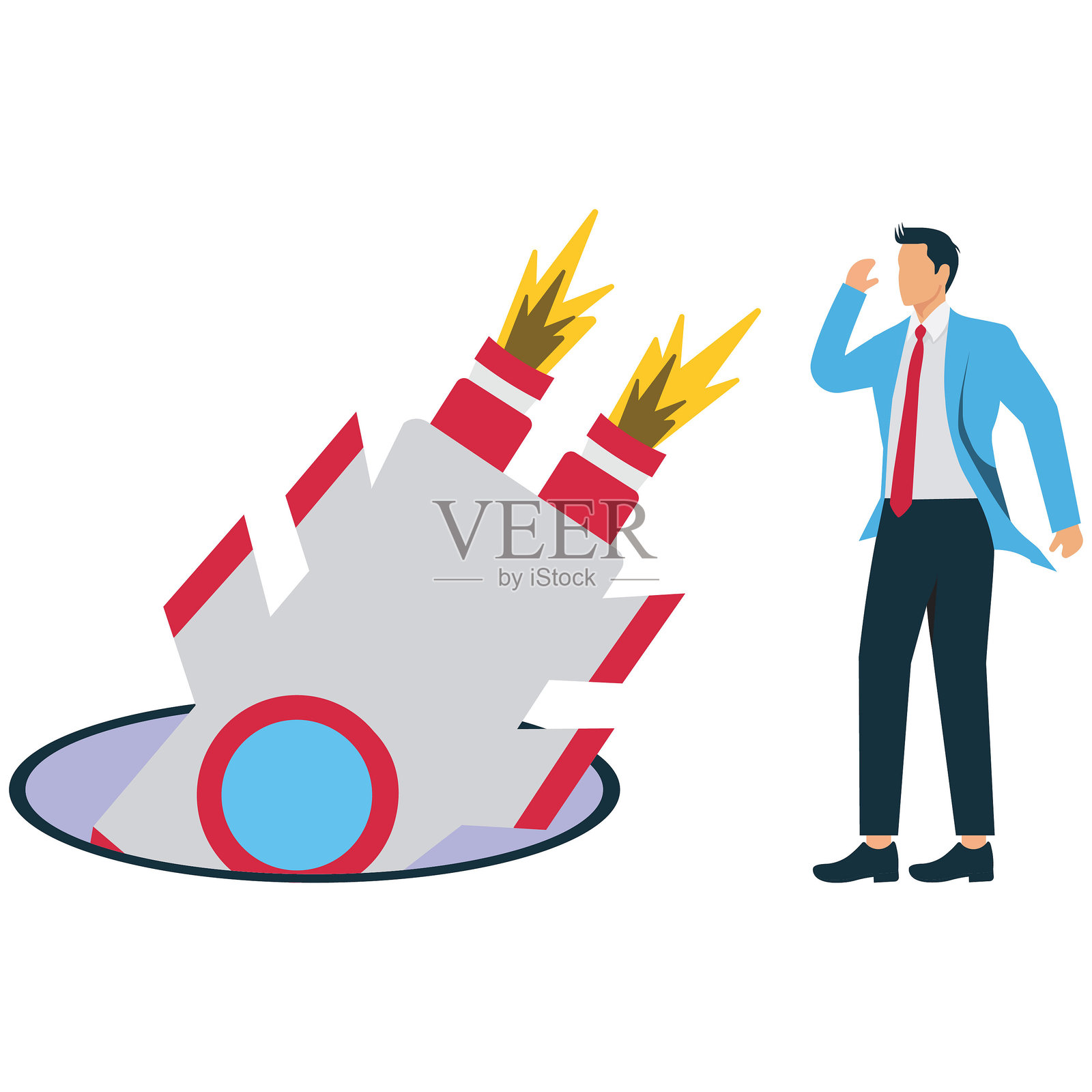 一位商人在一枚未能起飞的火箭旁思考，体现了从错误中学习、自我发展、错误分析和永不放弃的理念。插画图片素材