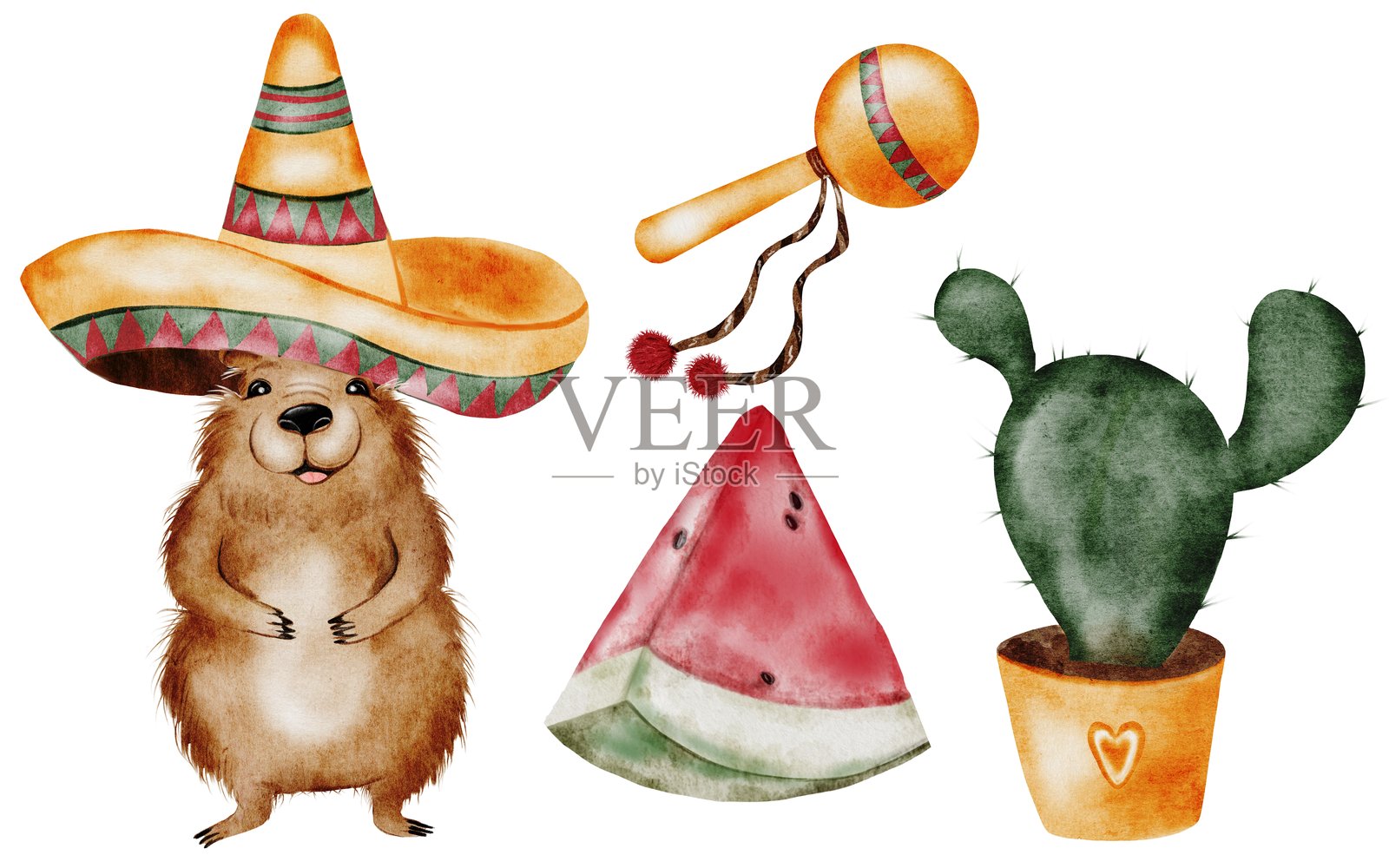 水彩画的水豚。一只戴着墨西哥草帽的搞笑卡通动物，旁边有西瓜和仙人掌。可爱的水猪手绘在白色背景上。友好的豚鼠剪贴画。非常适合制作贴纸、海报和贺卡。插画图片素材