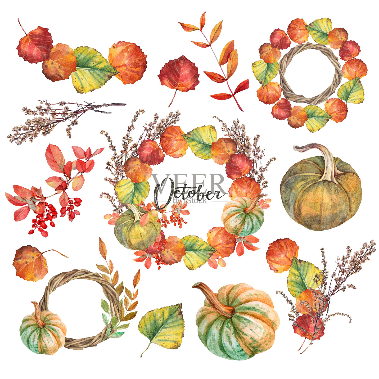 秋季主题，带圆形边框和“十月”字样。水彩手绘的橙色叶子花环和南瓜，孤立在白色背景上。植物和叶子。万圣节壁纸或包装的剪贴画。插画图片素材