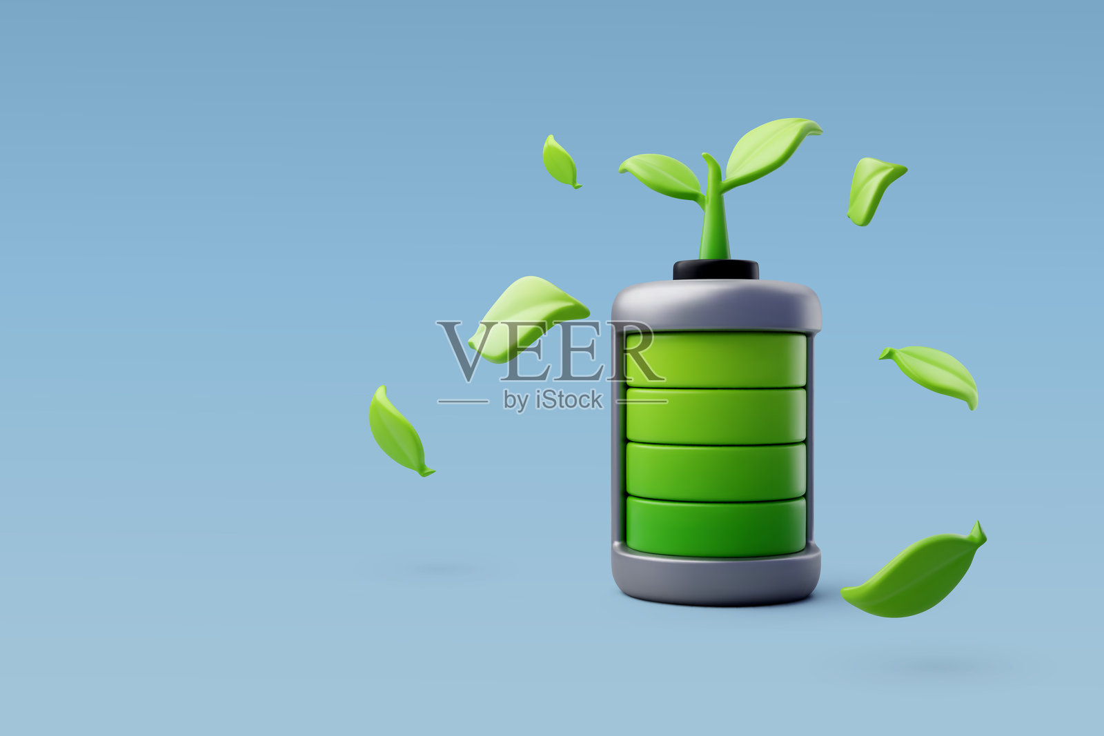3D矢量电池生态能源与绿色叶子，绿色能源，清洁能源，环境替代能源概念。插画图片素材