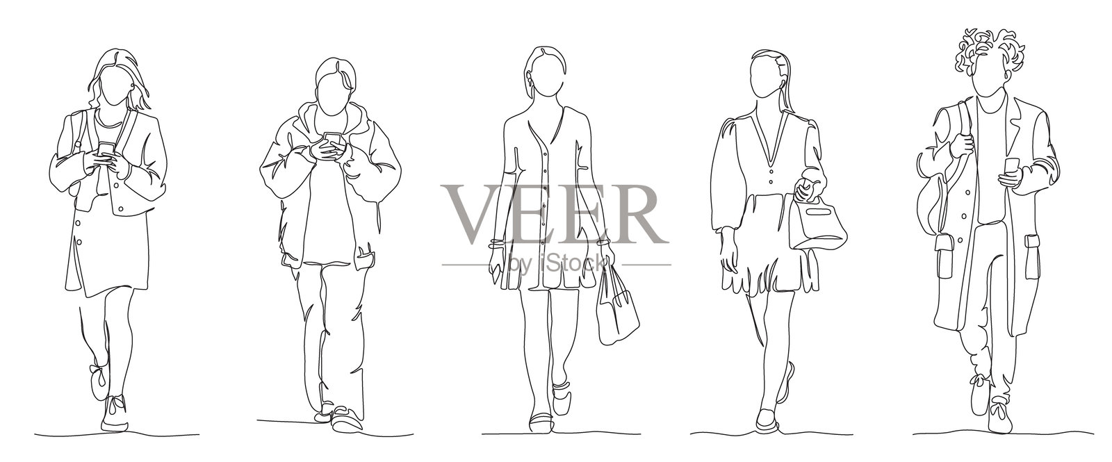 行走的人群。正面视图。连续线条绘制元素。黑白矢量插图，线条艺术风格。插画图片素材