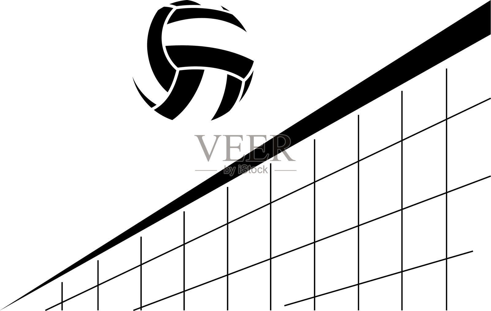 黑色剪影的排球飞越排球网。带透明背景的矢量插图。插画图片素材