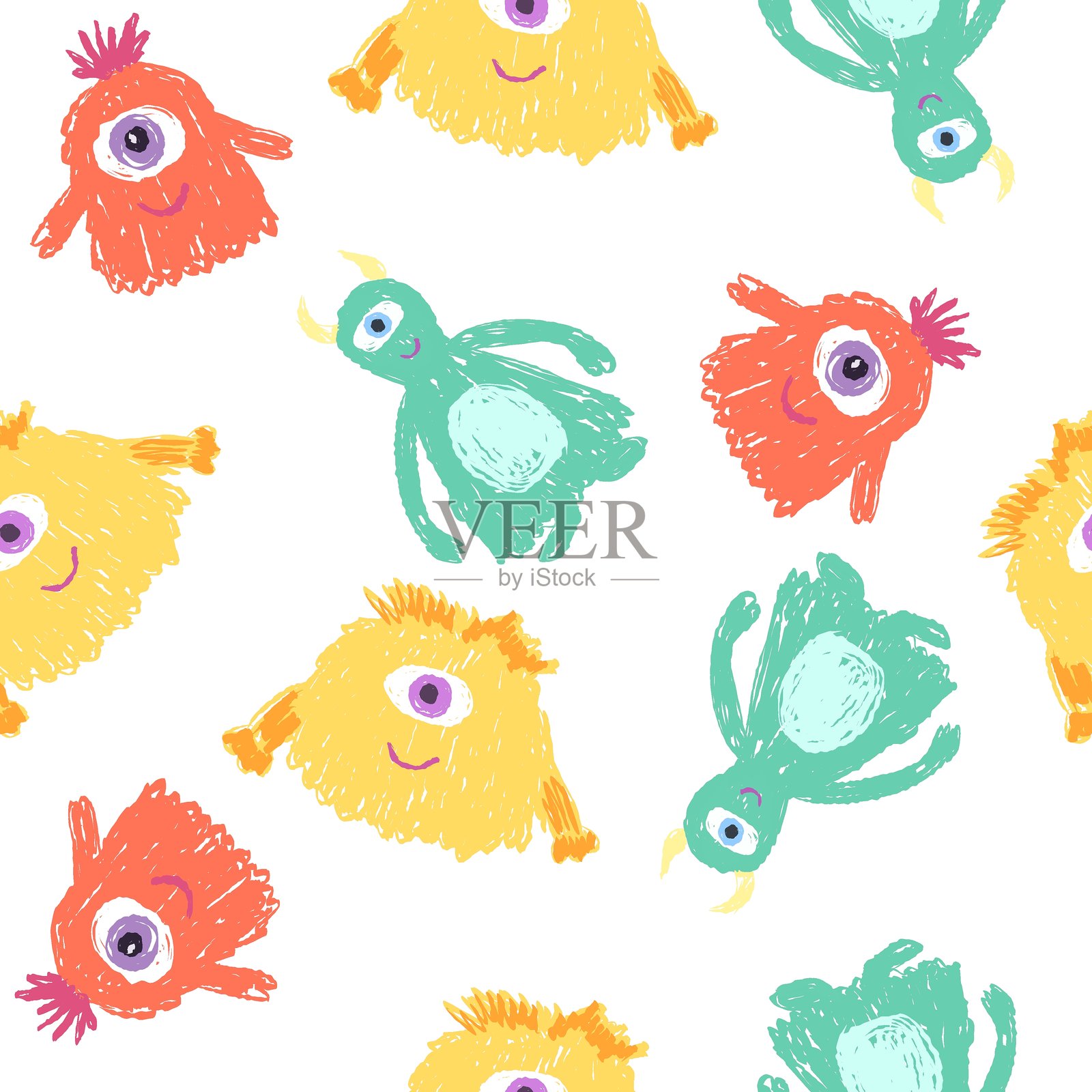 可爱的怪兽或外星人的无缝图案，采用蜡笔刷纹理绘制插画图片素材