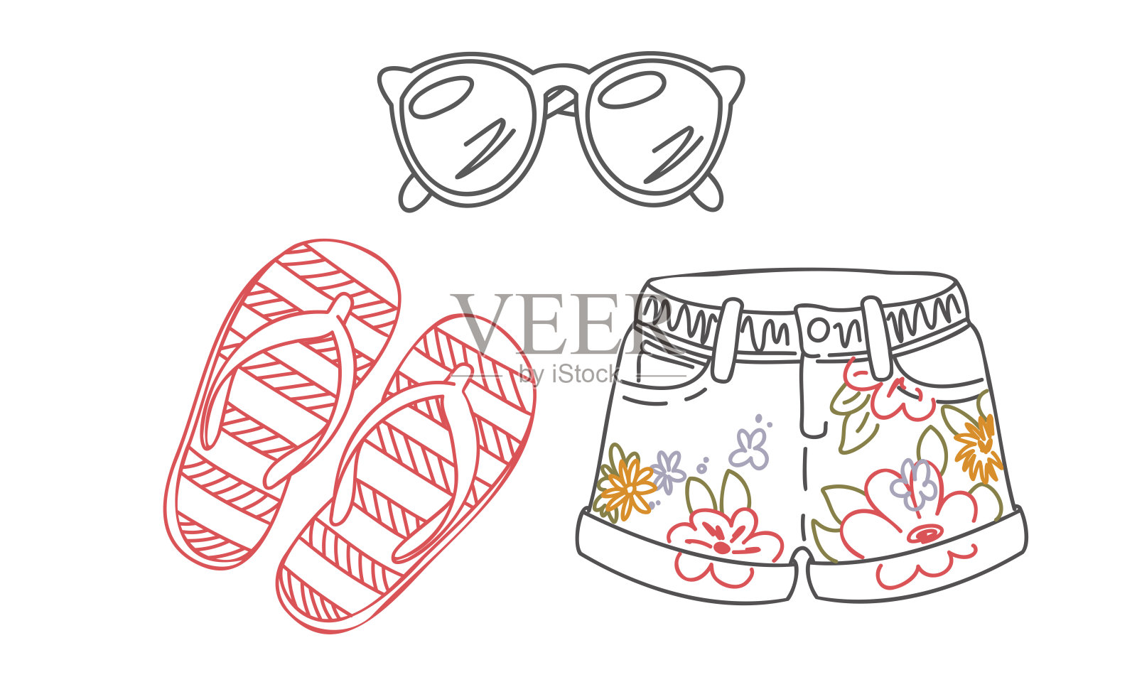 夏季涂鸦剪贴画，包含花卉短裤、条纹人字拖和时尚太阳镜。手绘休闲服饰元素，适用于度假、时尚博客、儿童设计和季节性印刷项目。插画图片素材