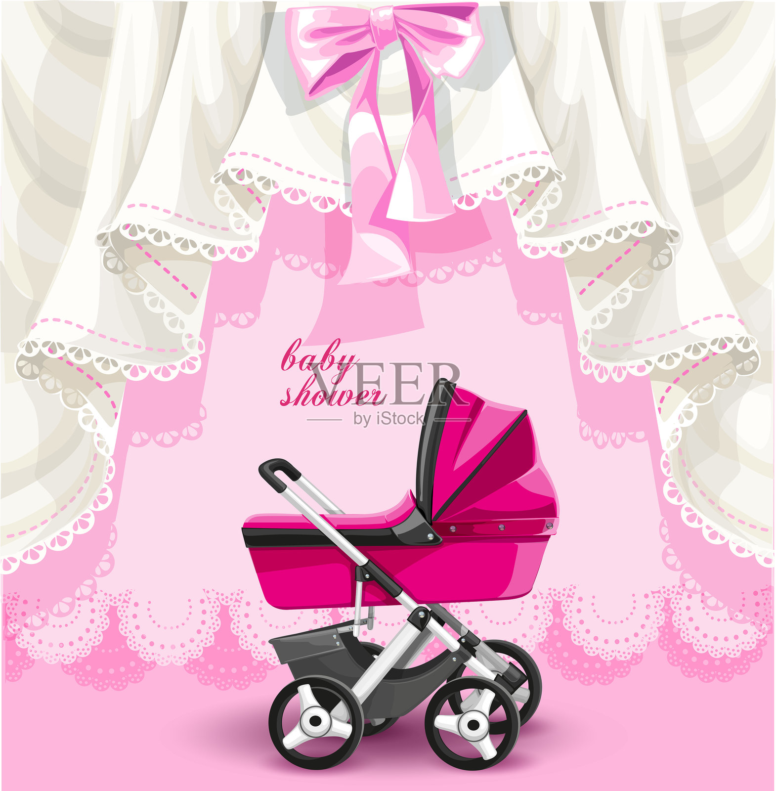 粉色婴儿洗礼卡片与婴儿车插画图片素材
